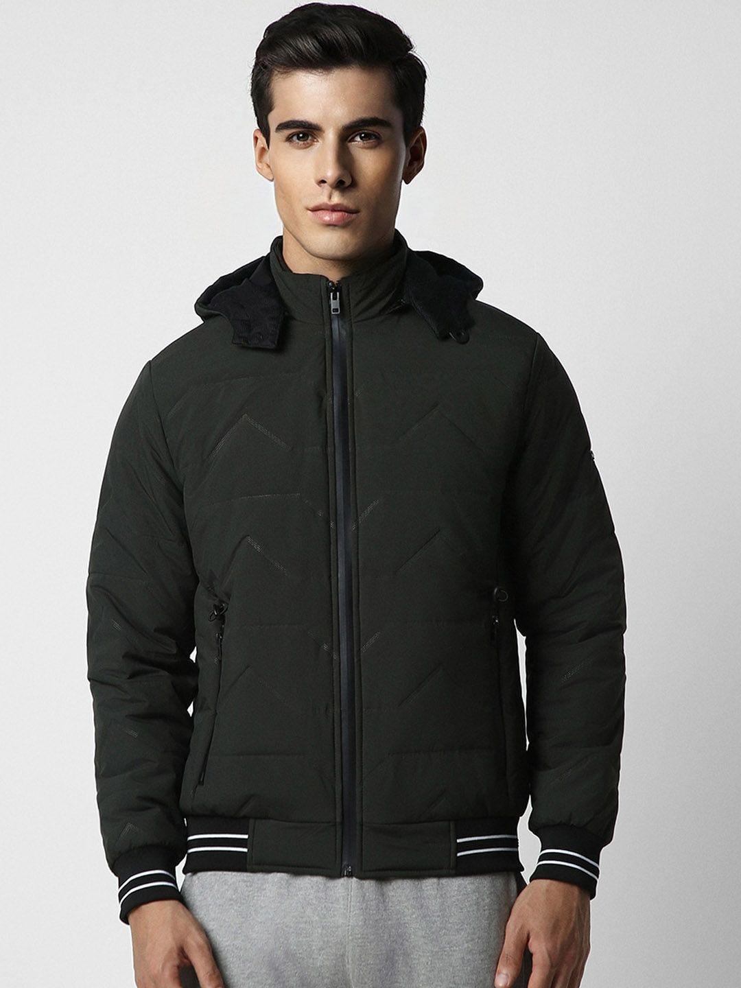 van heusen flex self design hooded bomber jacket