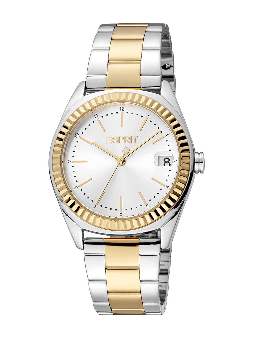 esprit women embellished brass dial & stainless steel straps analogue watch es1l383m0085