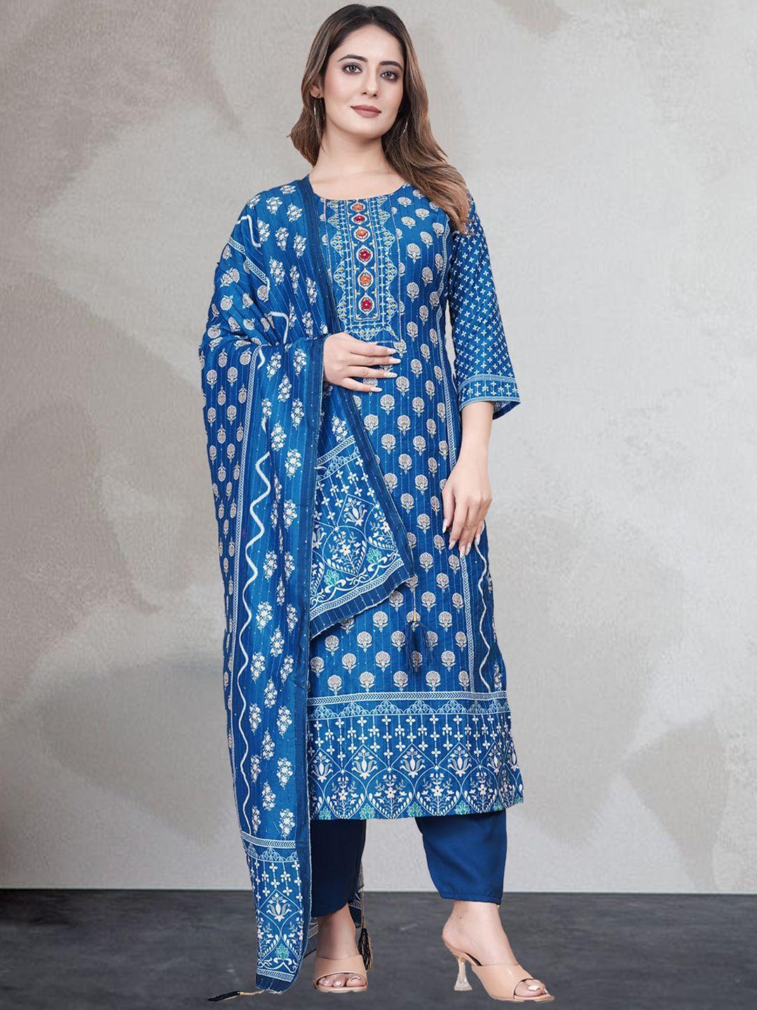 n n enterprise women blue floral embroidered regular sequinned pure cotton kurti with pyjamas & with dupatta