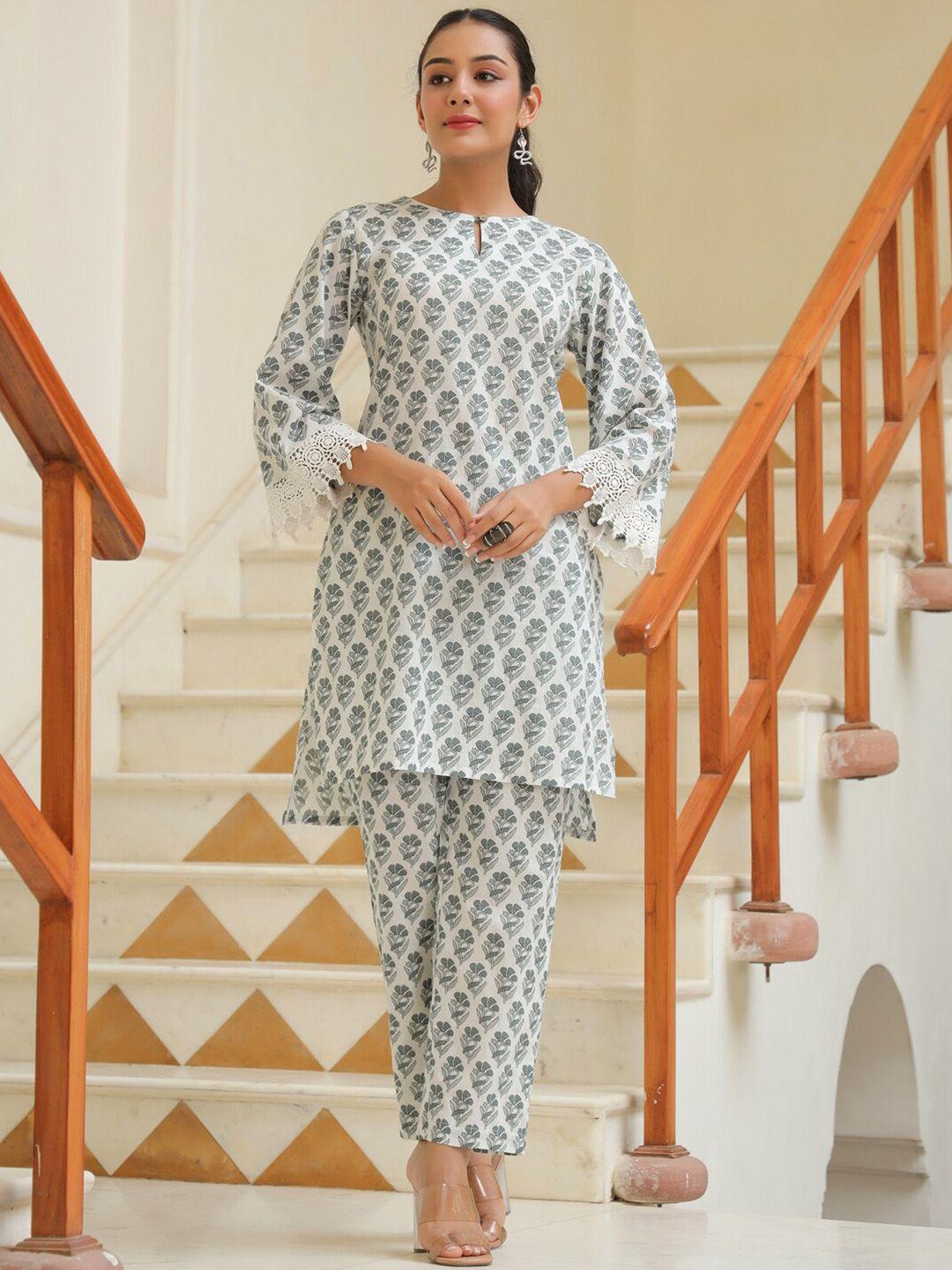 rain & rainbow floral printed keyhole neck pure cotton straight kurta & trouser set