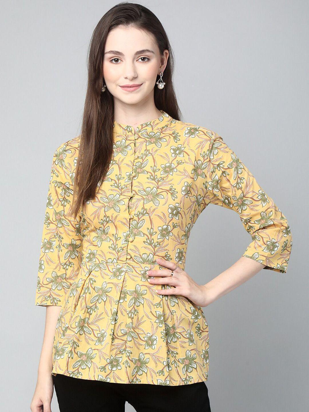 kalini yellow floral print mandarin collar cotton peplum top