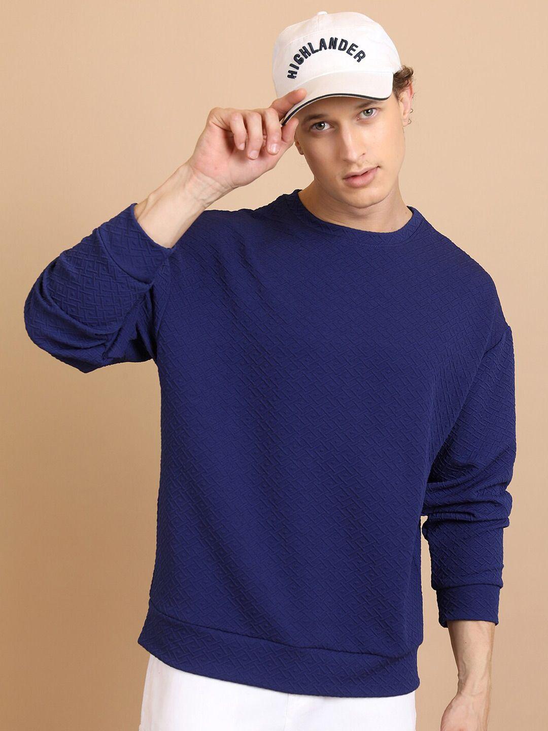 highlander blue self design oversized drop shoulder sleeves sweatshirt