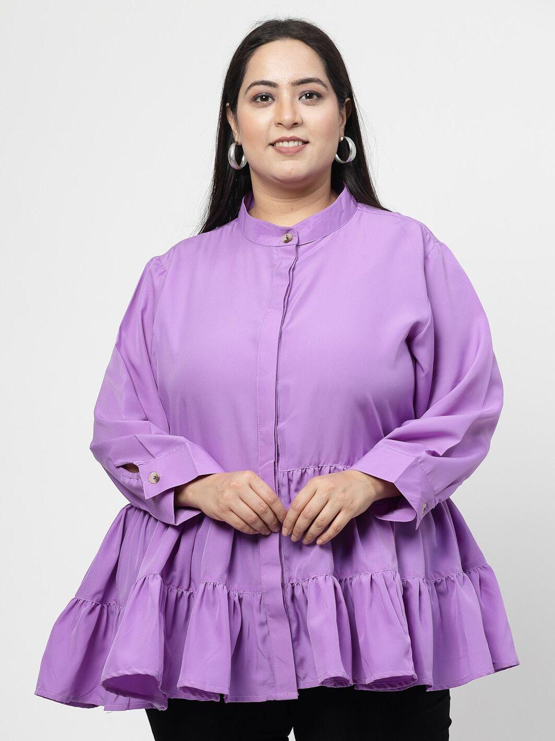 flambeur plus size mandarin collar cuffed sleeves gathered or pleated a-line top