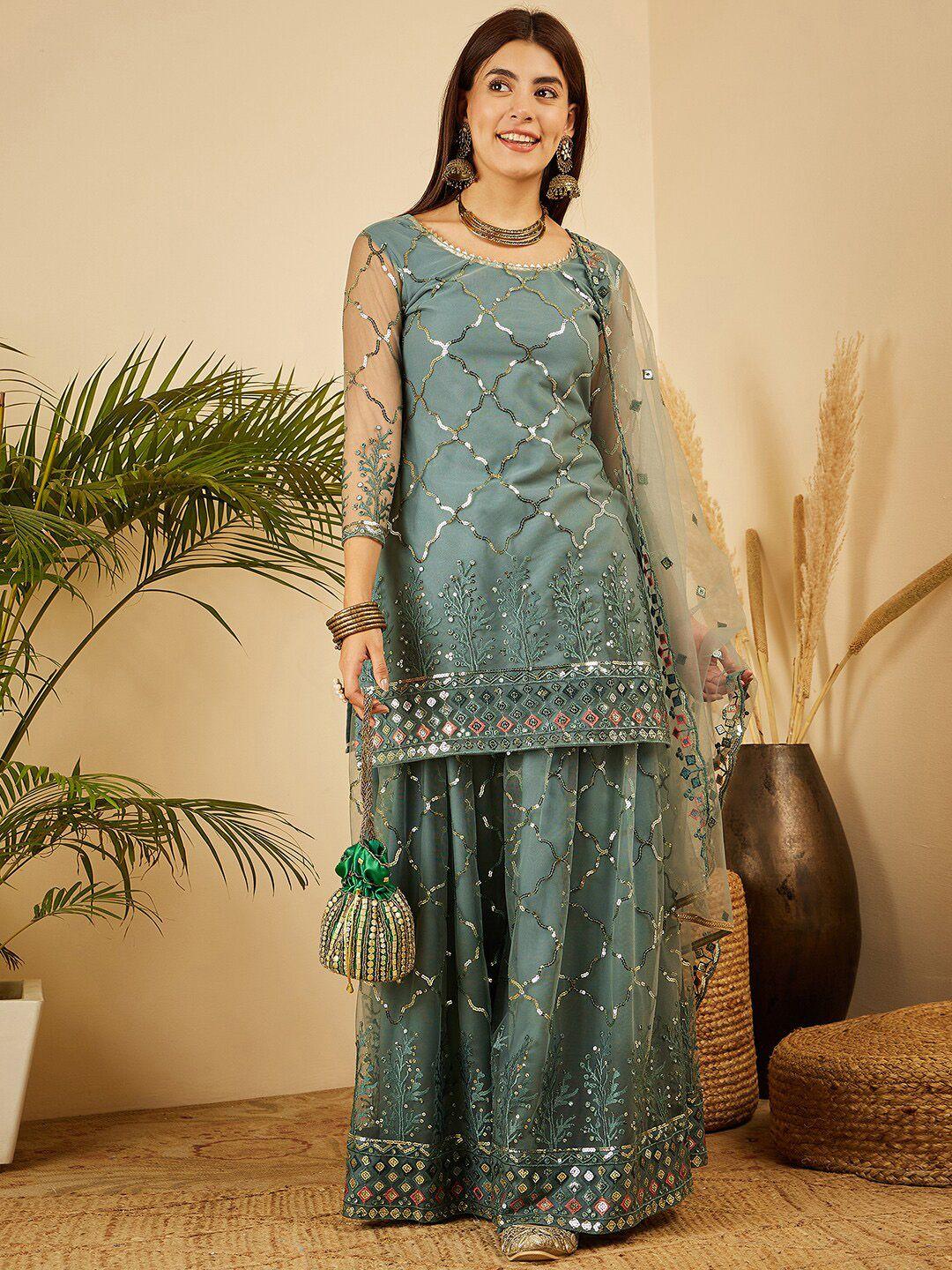 black scissor floral embroidered sequinned net kurta with palazzos & dupatta