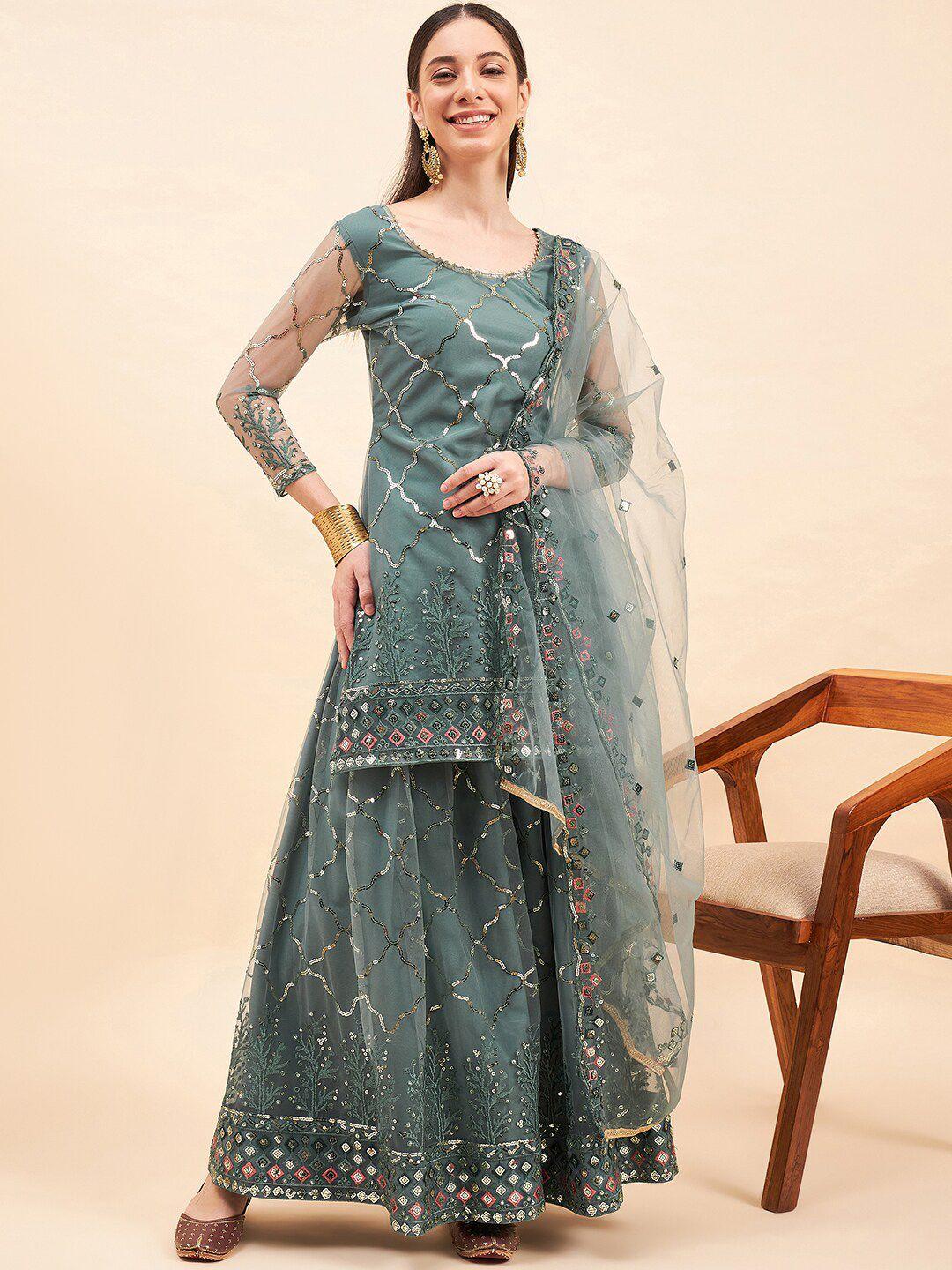 kalini ethnic motif embroidered sequinned detail net straight kurta & palazzo with dupatta