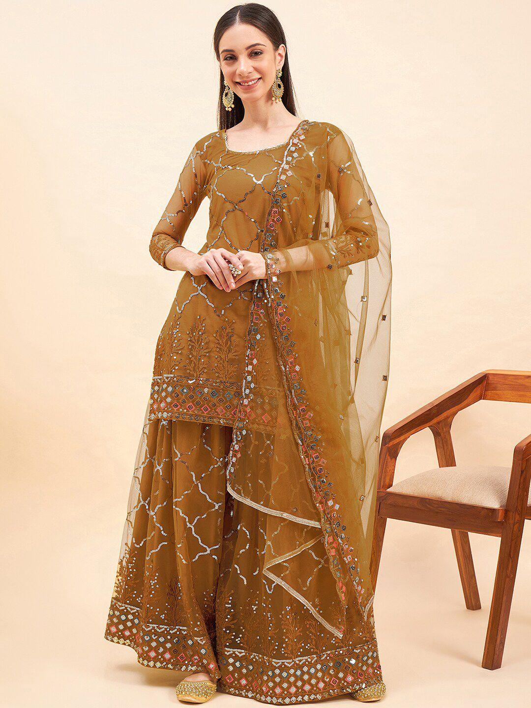 kalini ethnic motif embroidered sequinned detail net straight kurta & palazzo with dupatta