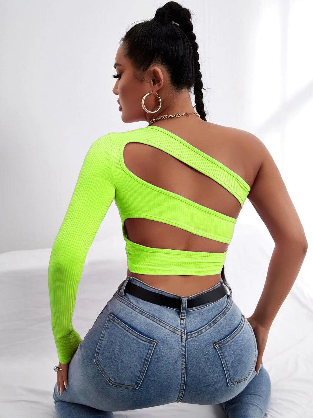 uptownie lite green one shoulder cotton ribbed cut out crop fitted top