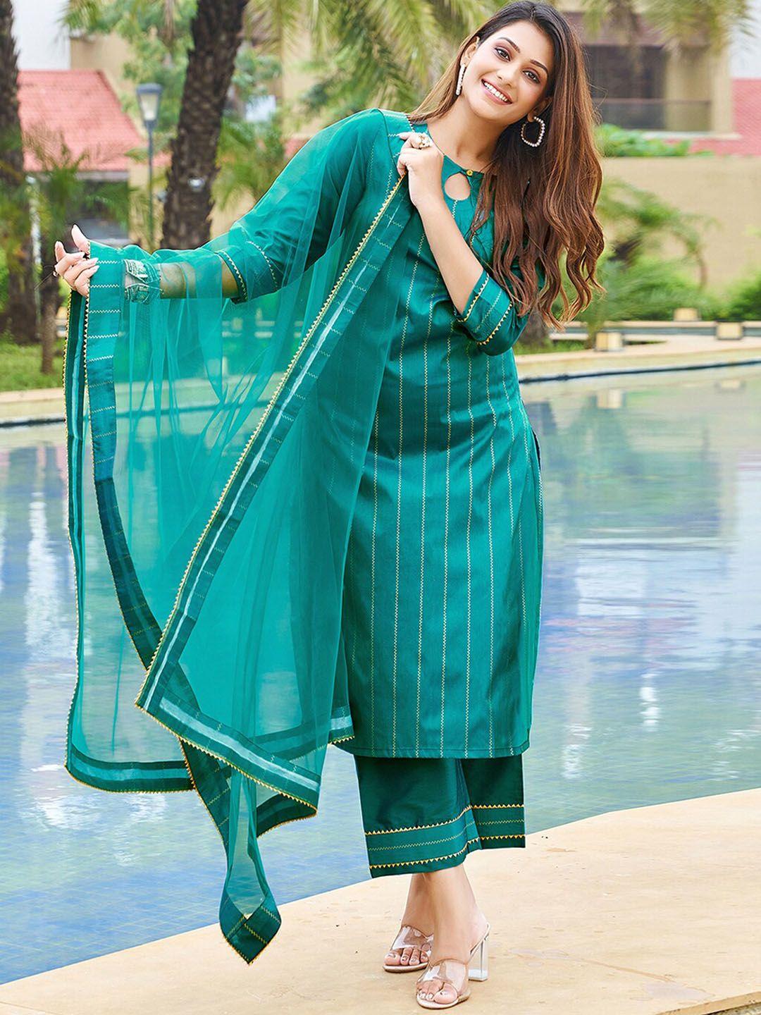 kalini striped gotta patti detailed straight kurta & trouser with dupatta