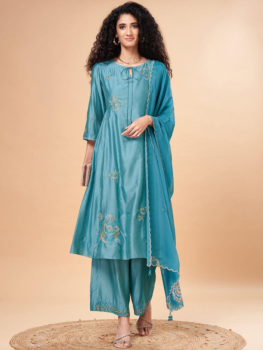 marigold lane floral embroidered kurta & palazzos with dupatta