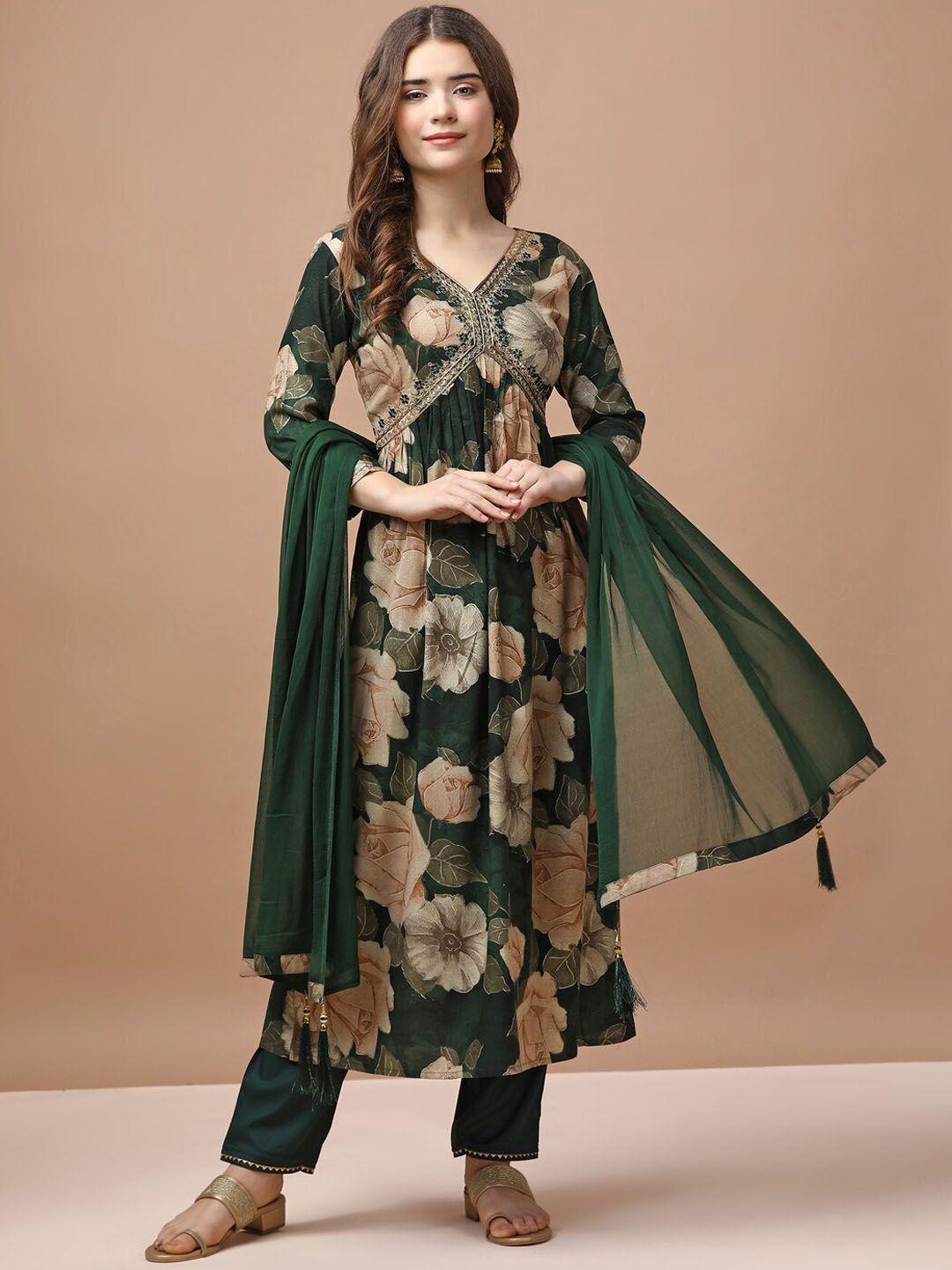 kalini women green floral embroidered pleated kurta with trousers & with dupatta