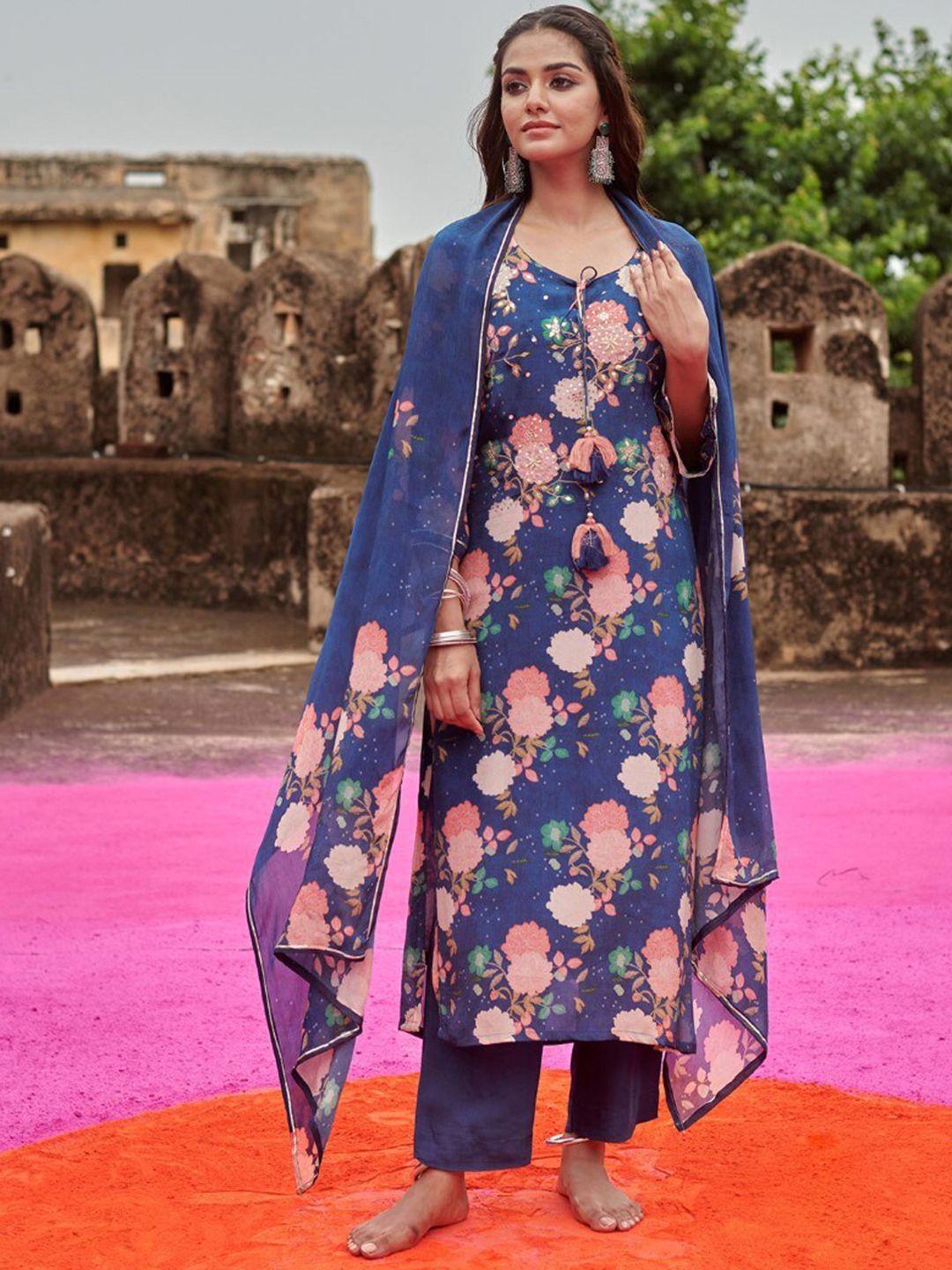 karaj jaipur women blue embroidered regular with dupatta