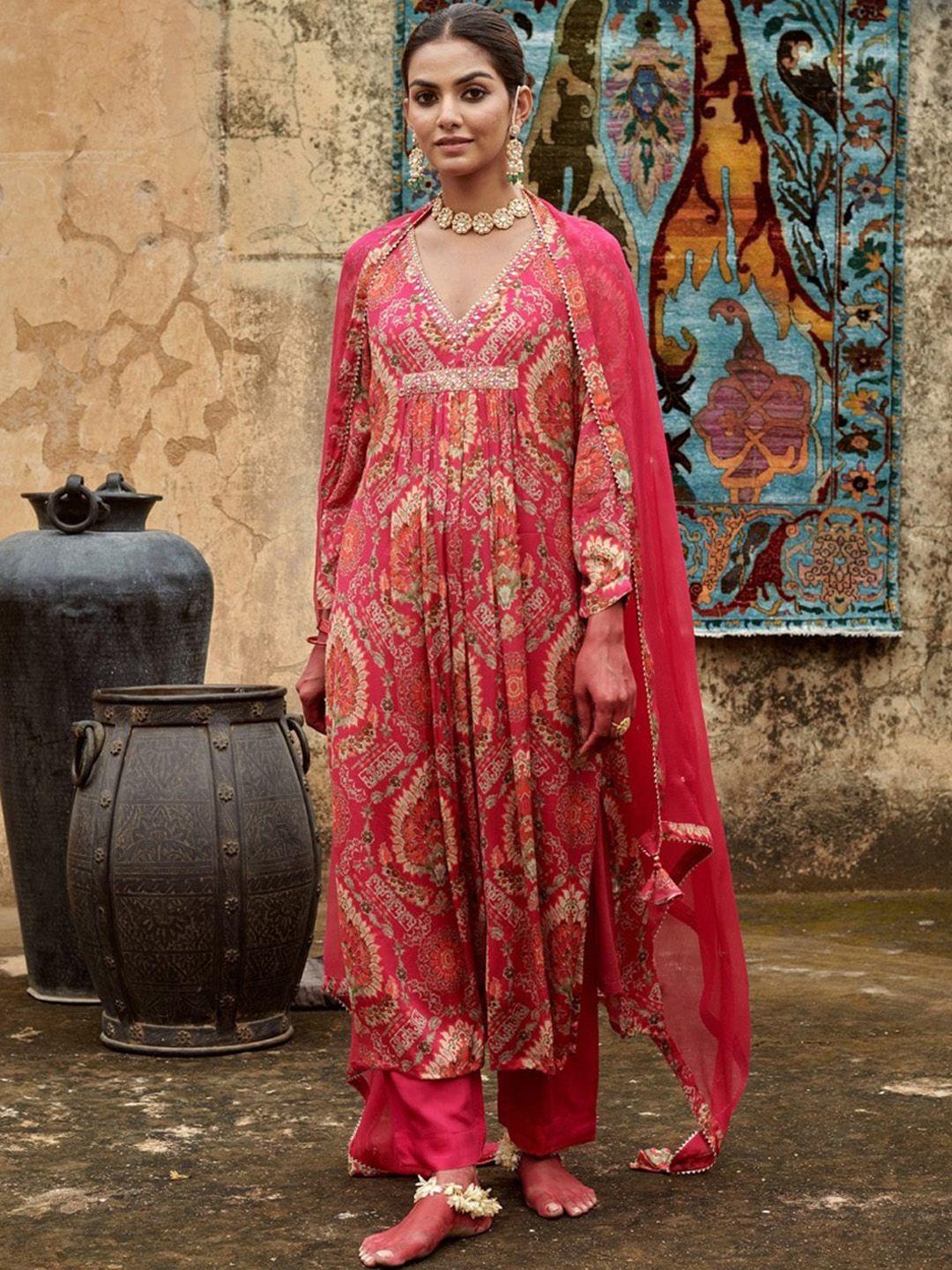 karaj jaipur ethnic motifs printed kurta with trousers & with dupatta