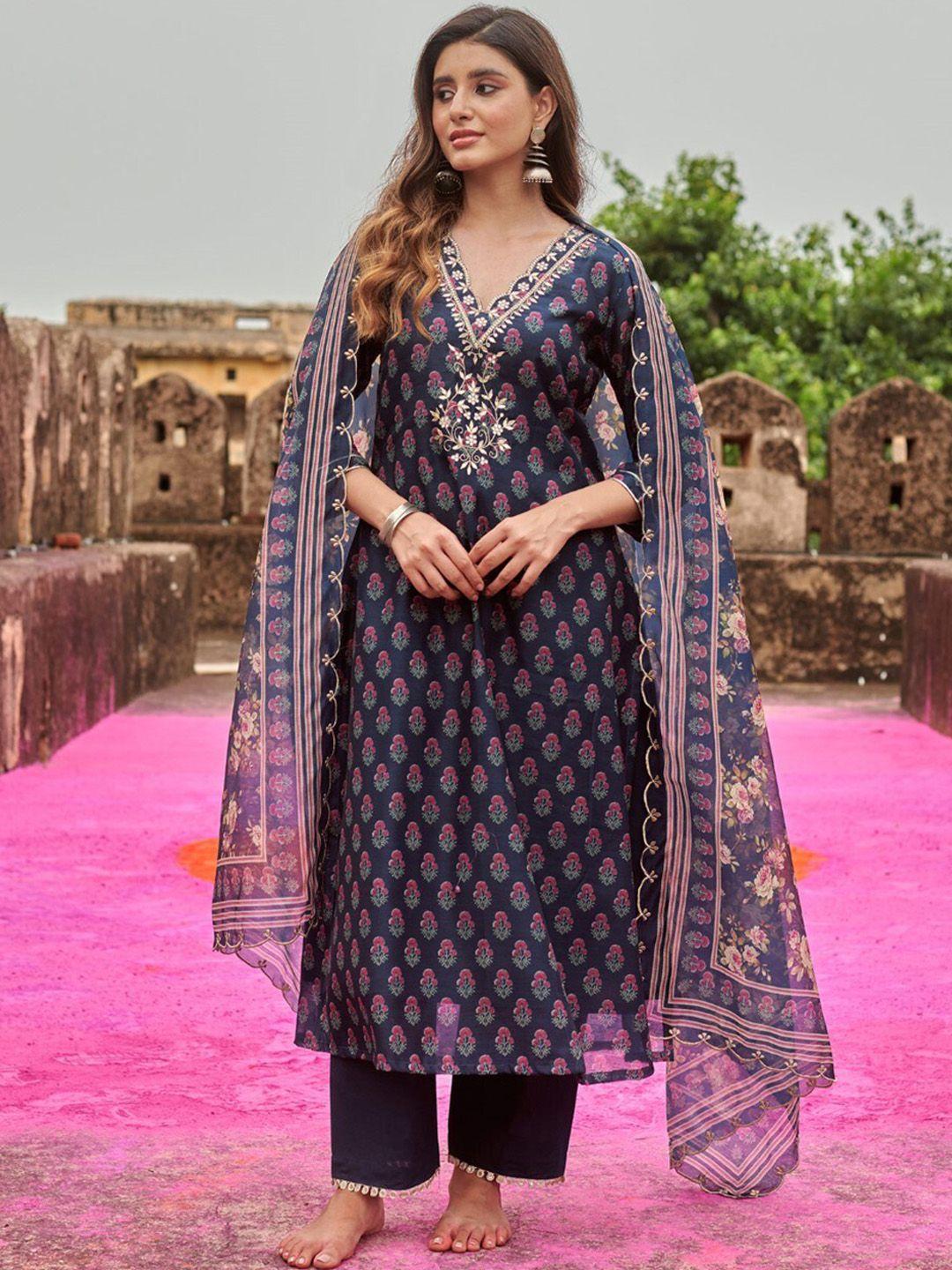 karaj jaipur women blue embroidered regular with dupatta