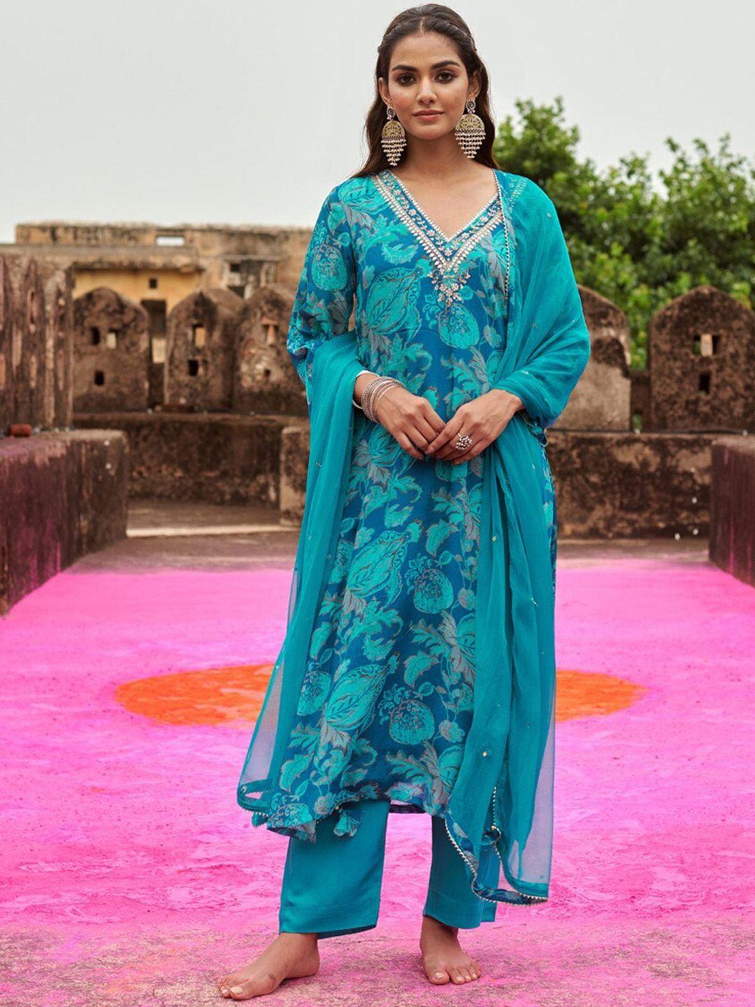 karaj jaipur women blue embroidered regular with dupatta