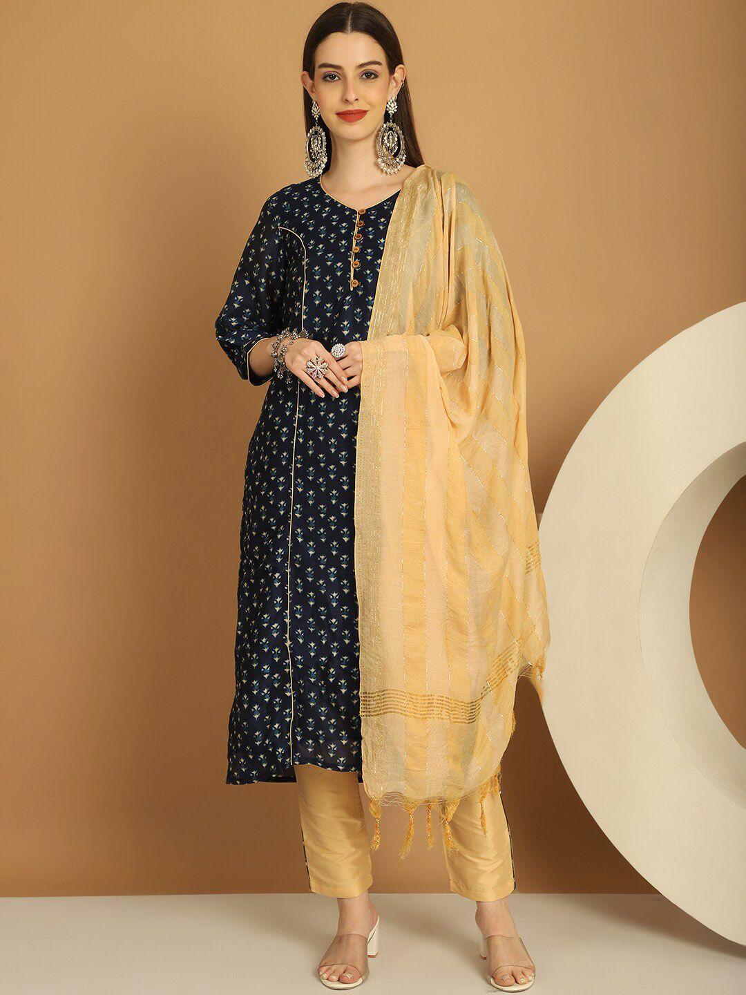 tulsattva women blue printed kurta with trousers & with dupatta