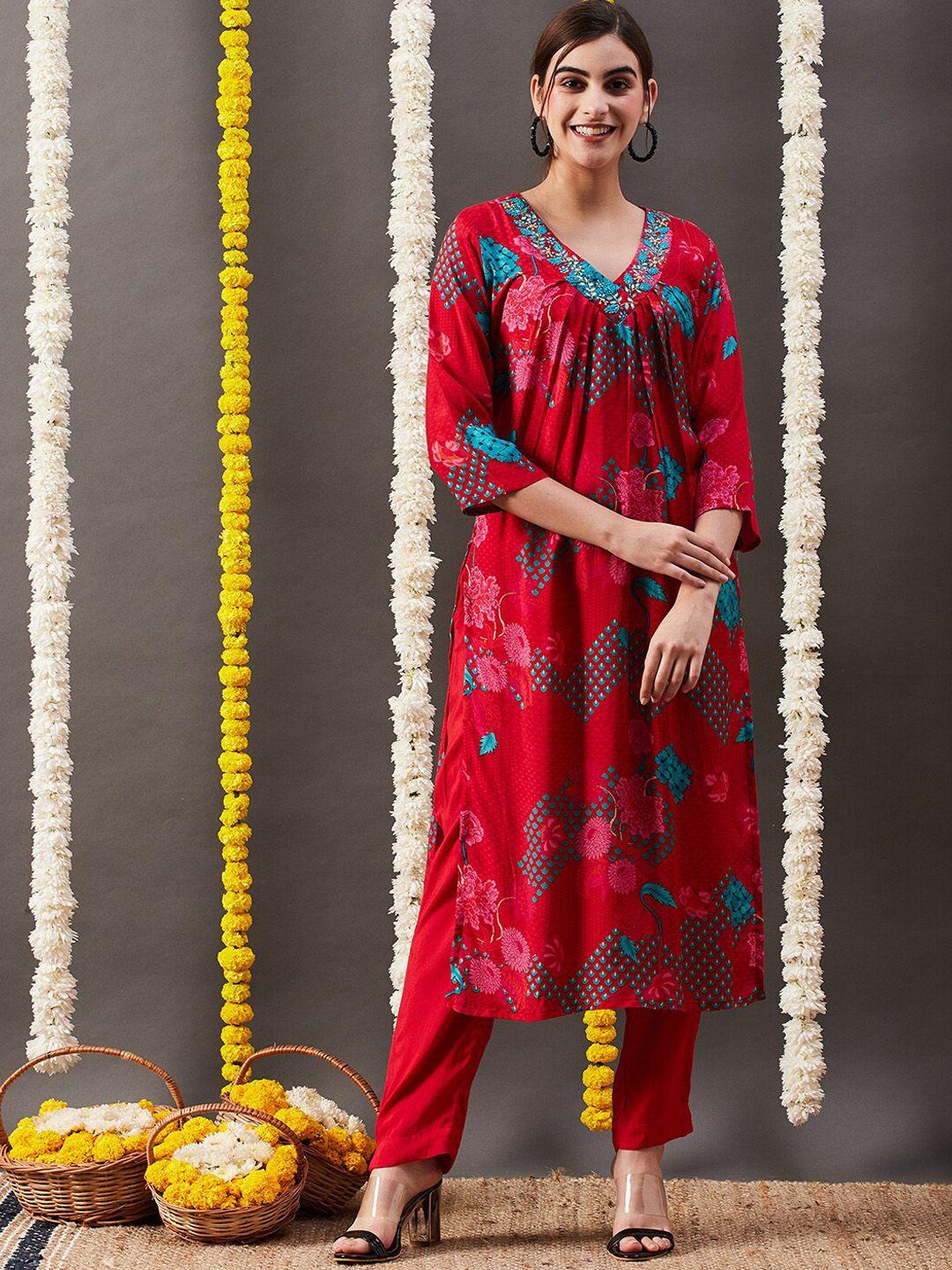 fashor floral printed v-neck beads and stones straight kurta with trousers