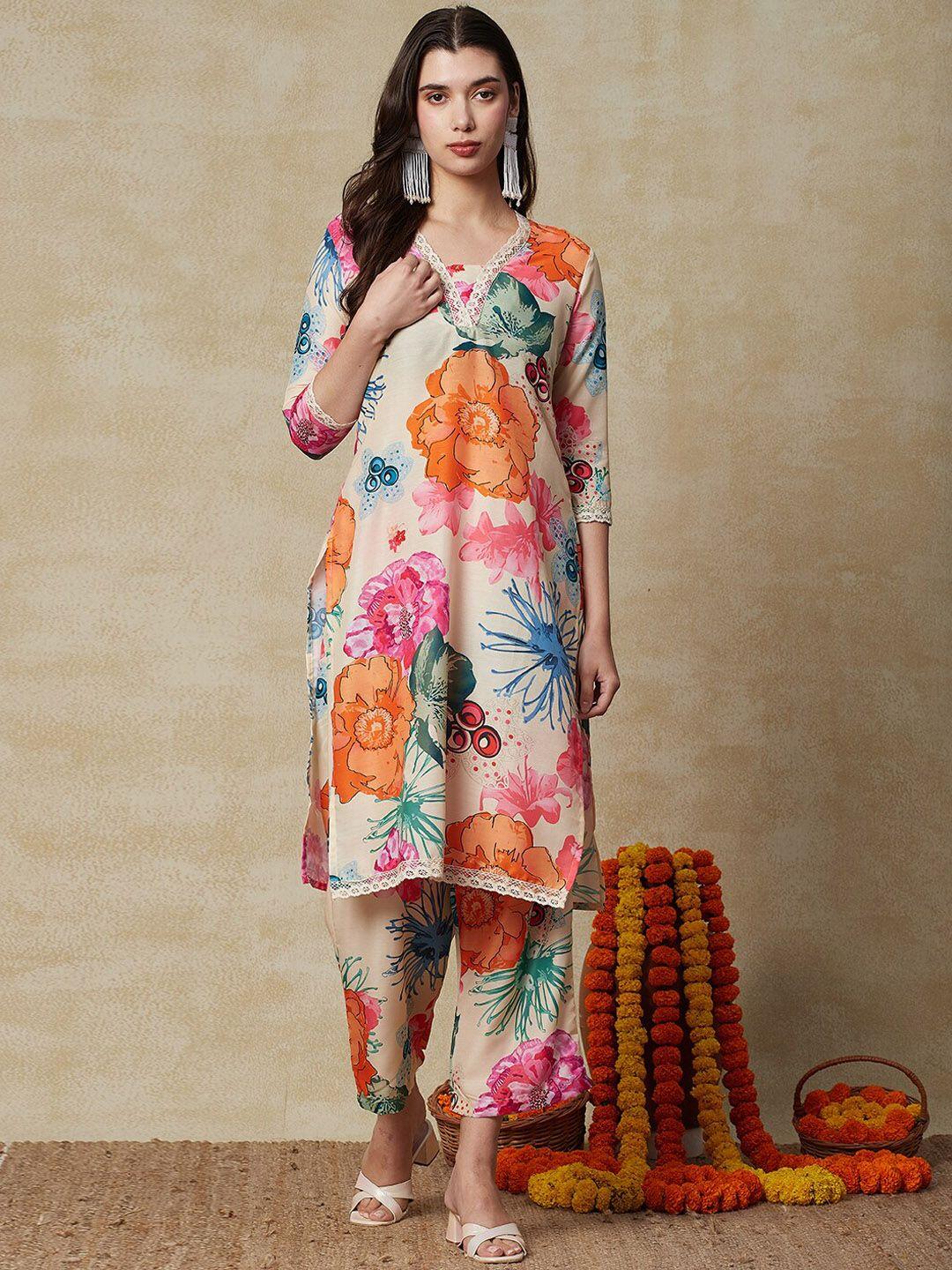 fashor women cream-coloured floral printed regular kurta with trousers