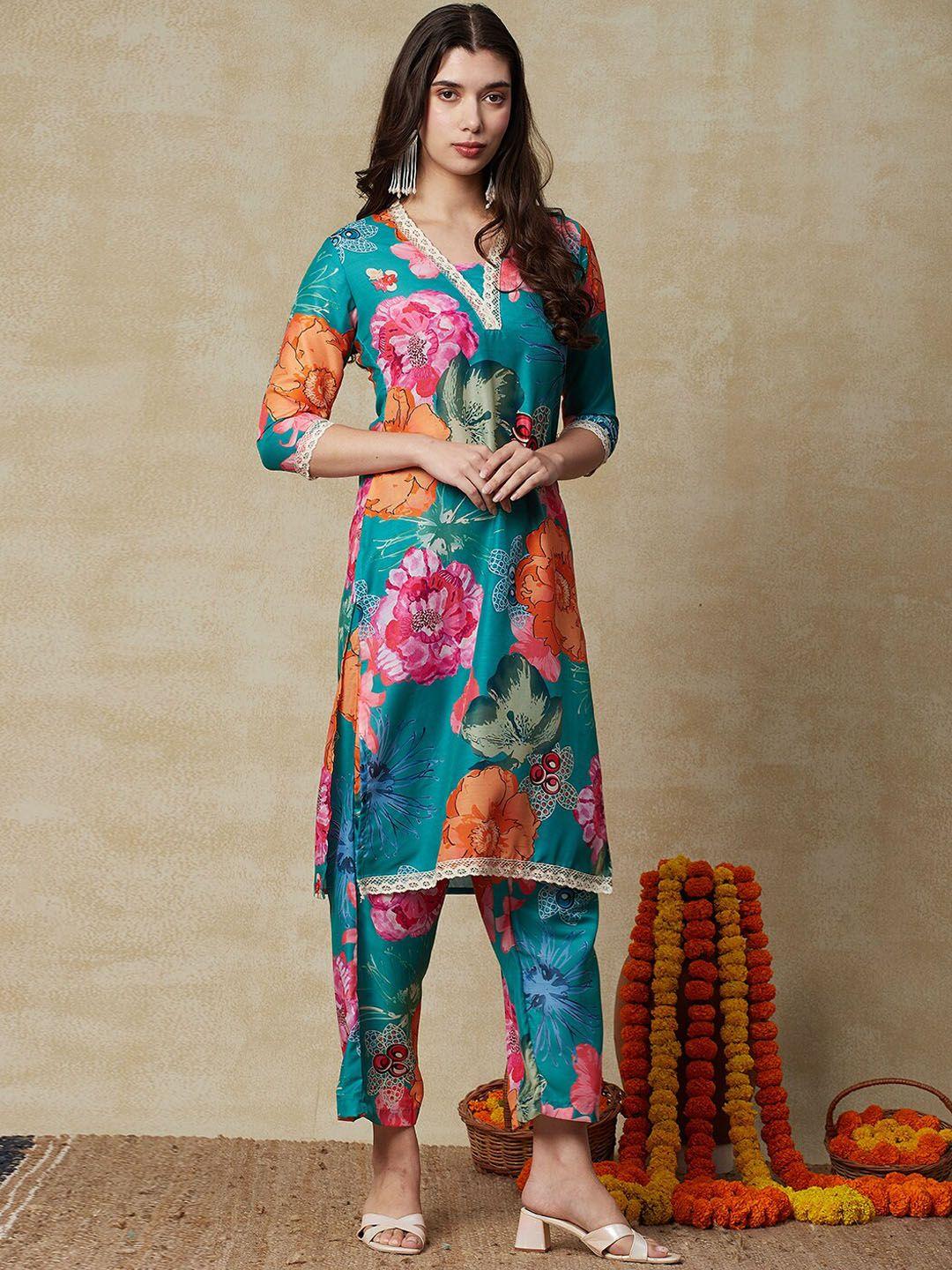 fashor women green floral printed regular kurta with trousers