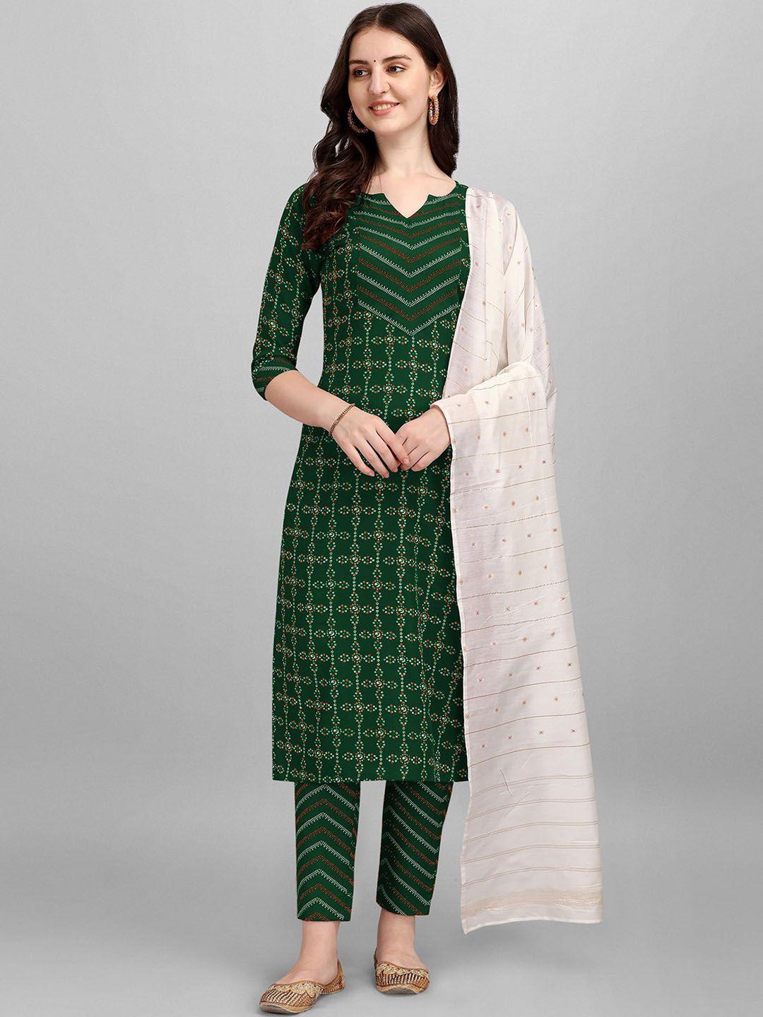 anouk green bandhani printed pure cotton kurta with trousers & dupatta