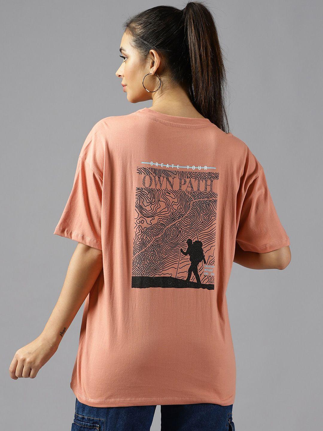 the roadster lifestyle co. coral printed pure cotton oversized t-shirt