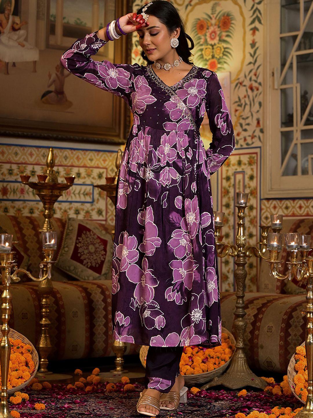 varanga floral printed v-neck thread work kurta with trousers & dupatta