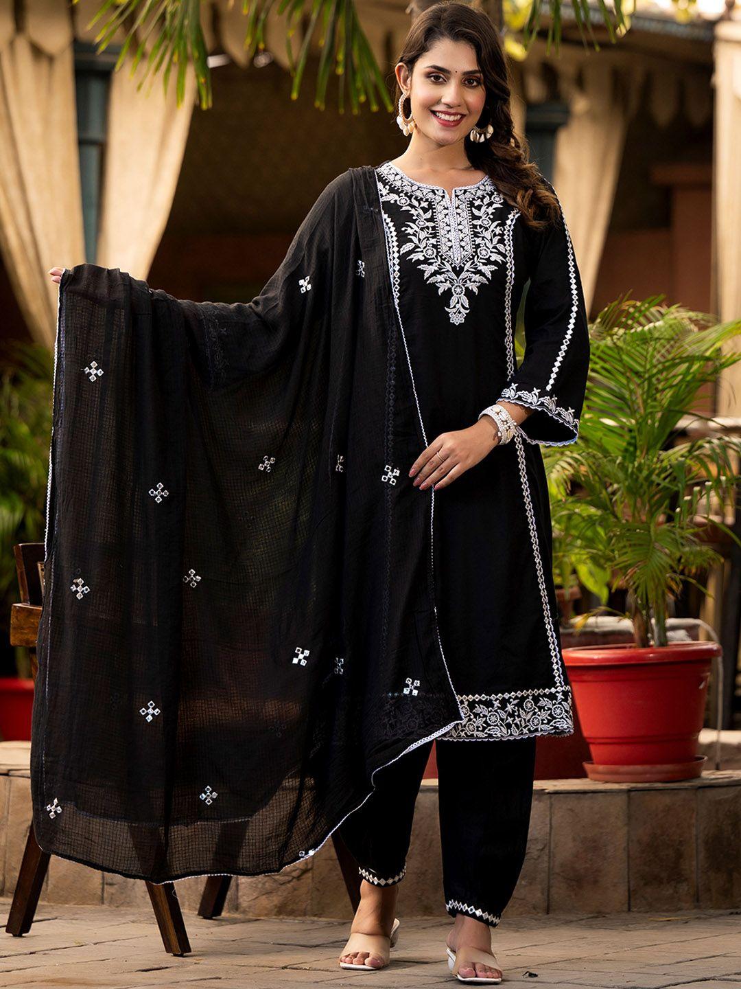 varanga ethnic motif thread embroidered a-line kurta with afghani trousers & dupatta