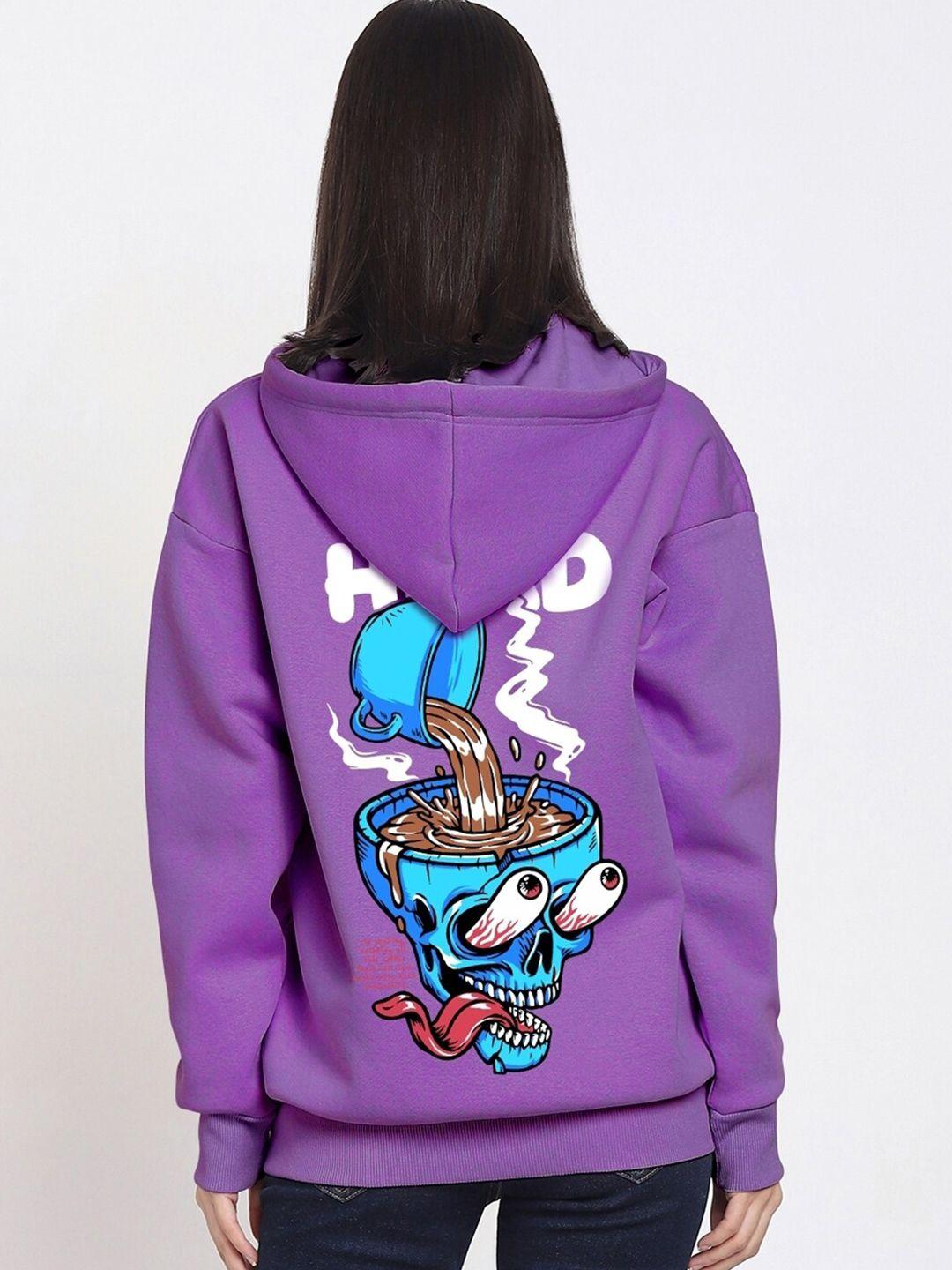 bewakoof violet graphic printed drop-shoulder sleeves fleece oversized sweatshirt