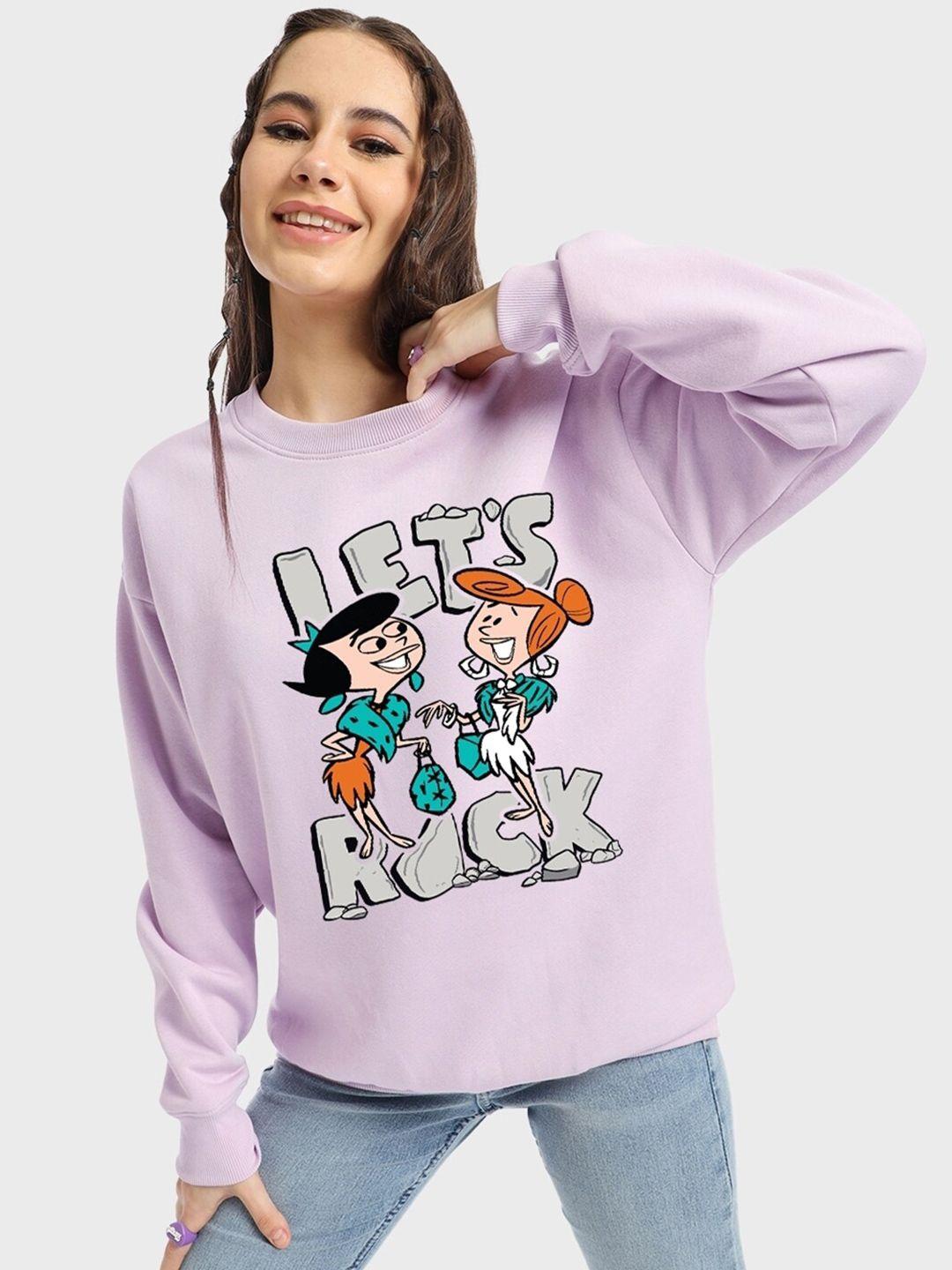 bewakoof lavender cartoon printed drop-shoulder sleeves oversized sweatshirt