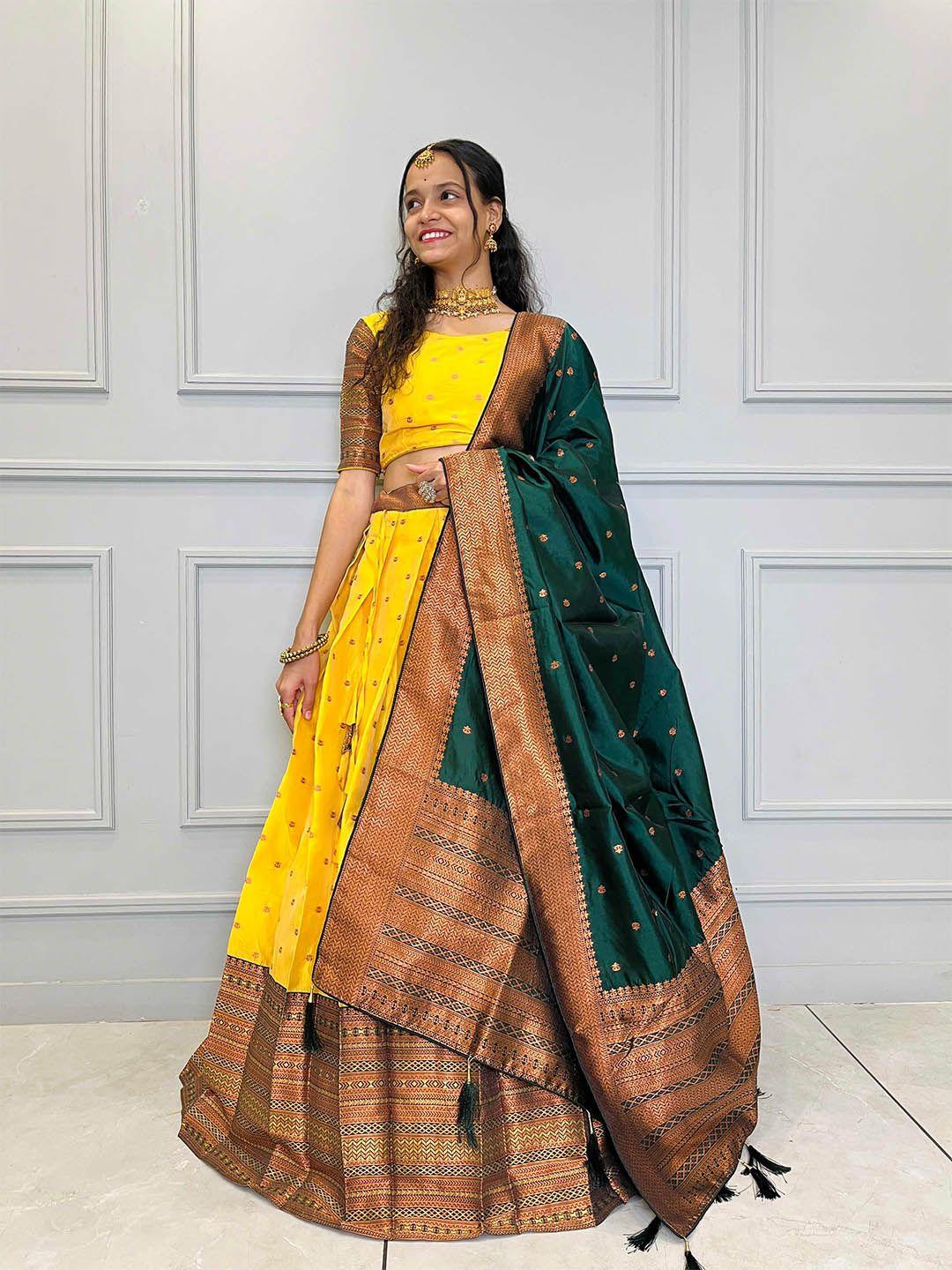 fabcartz yellow & green semi-stitched lehenga & unstitched blouse silk