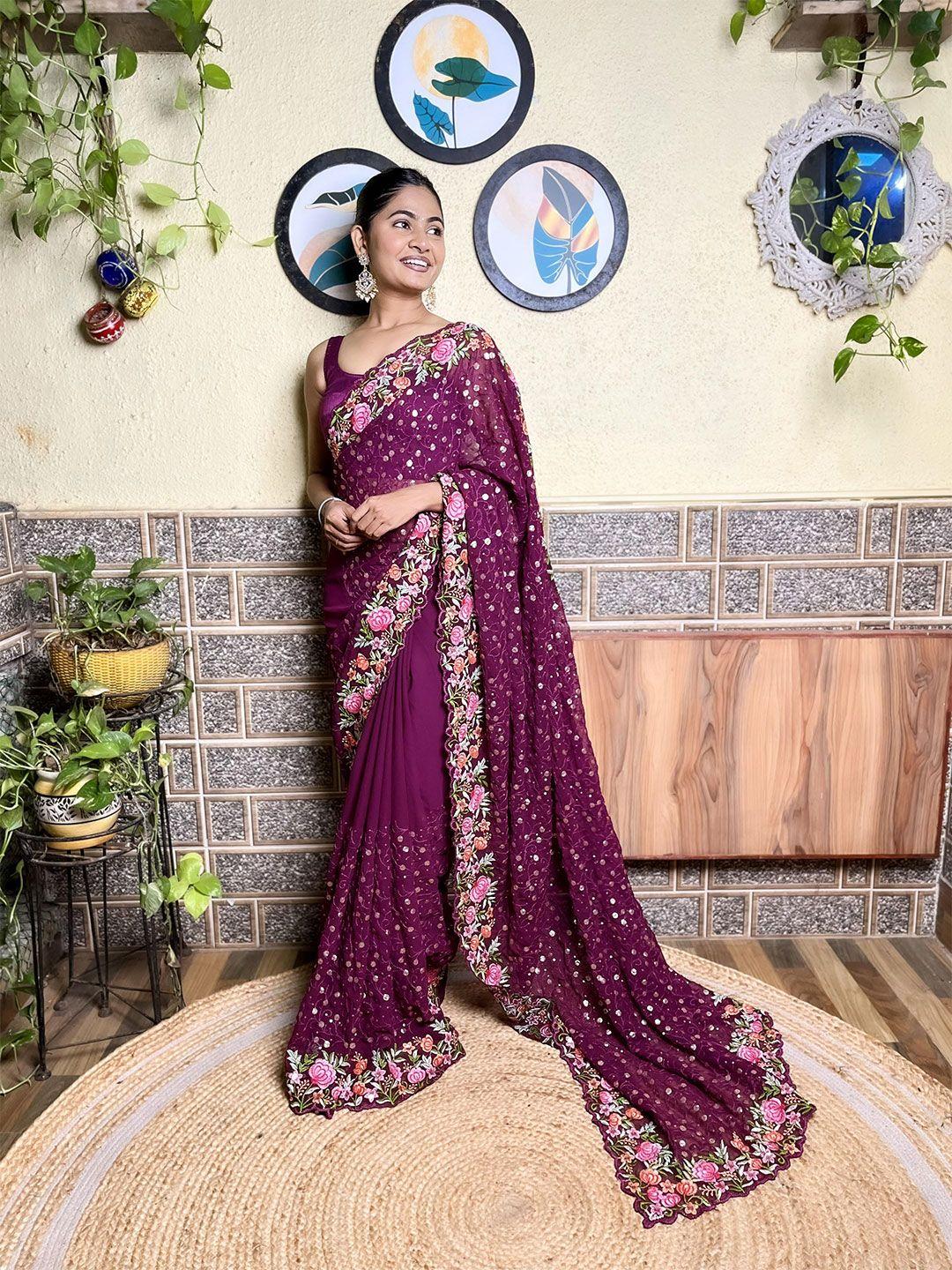 mitera purple floral sequinned poly georgette saree