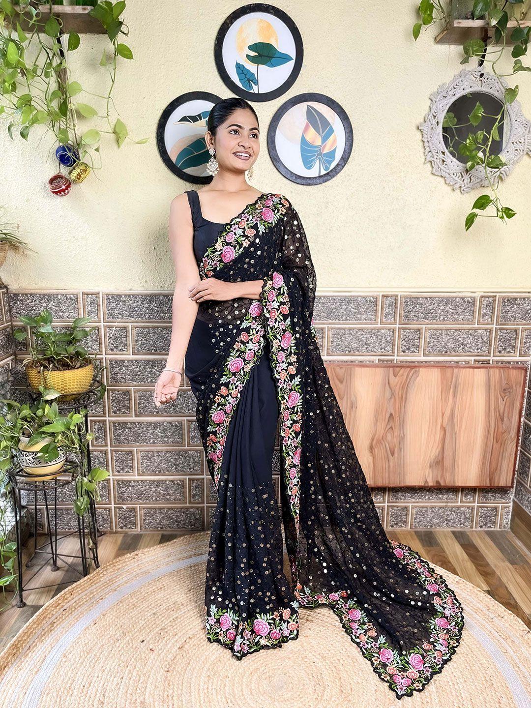 mitera black floral sequinned poly georgette saree