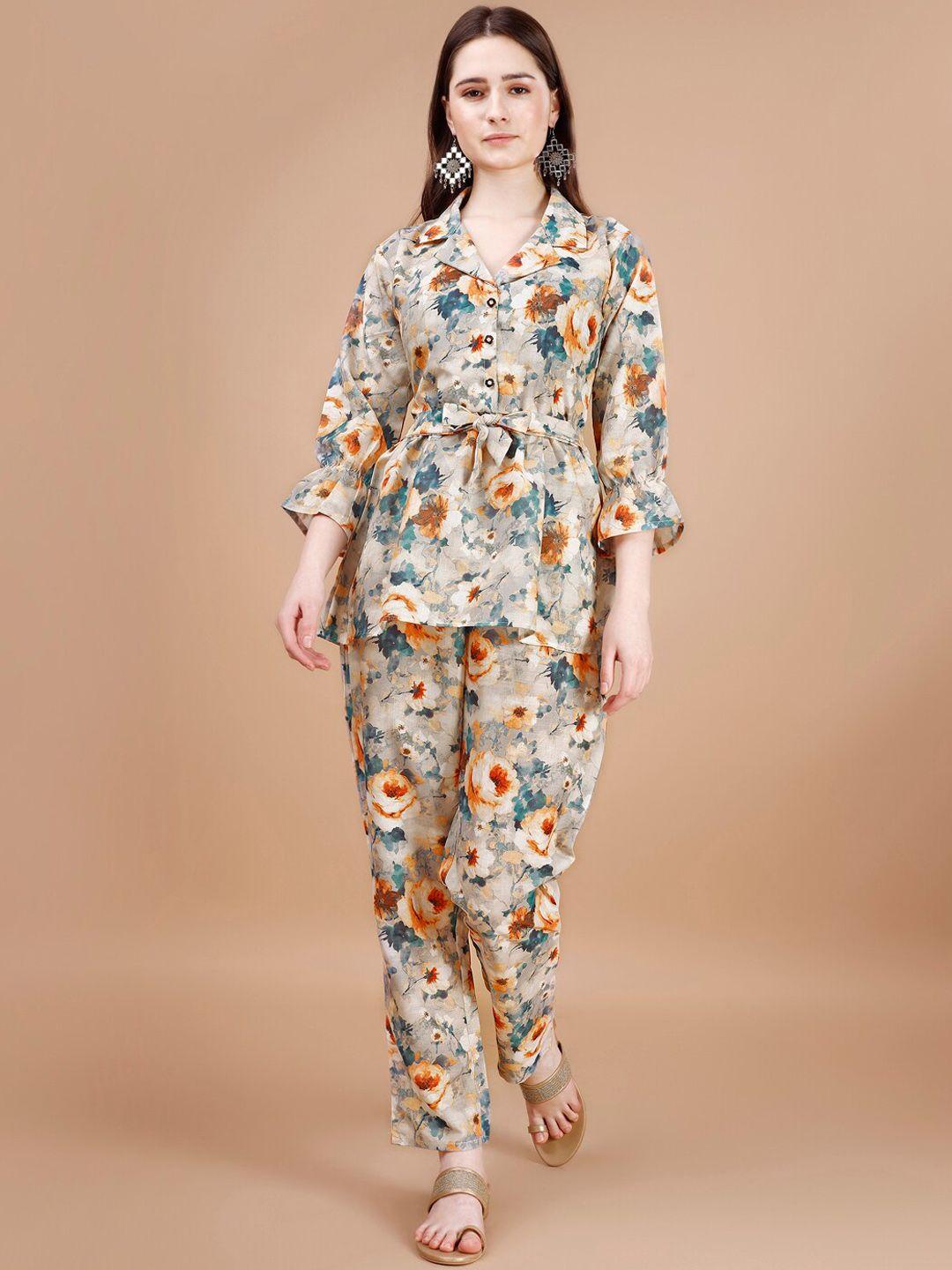 kalini printed bell sleeves tie-ups notched lapel collar tunic with trouser