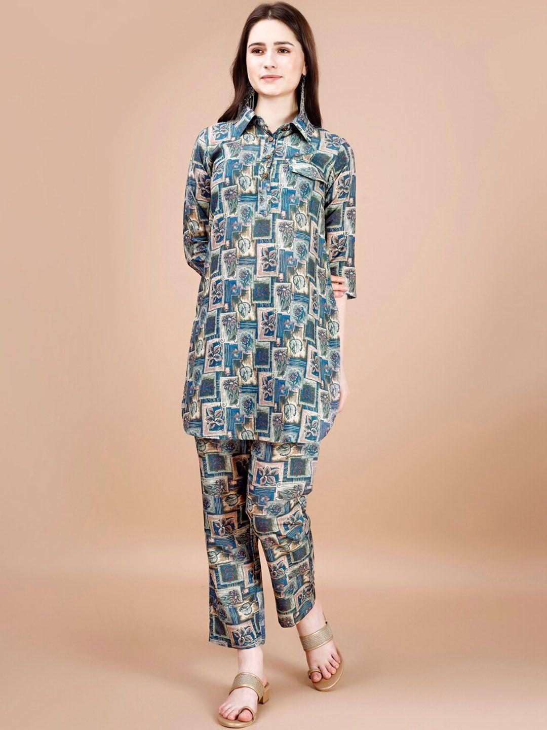 kalini printed shirt collar tunic with trouser