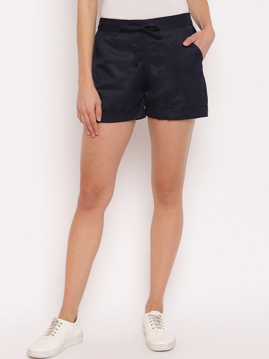 dressberry women navy blue mid rise cotton shorts