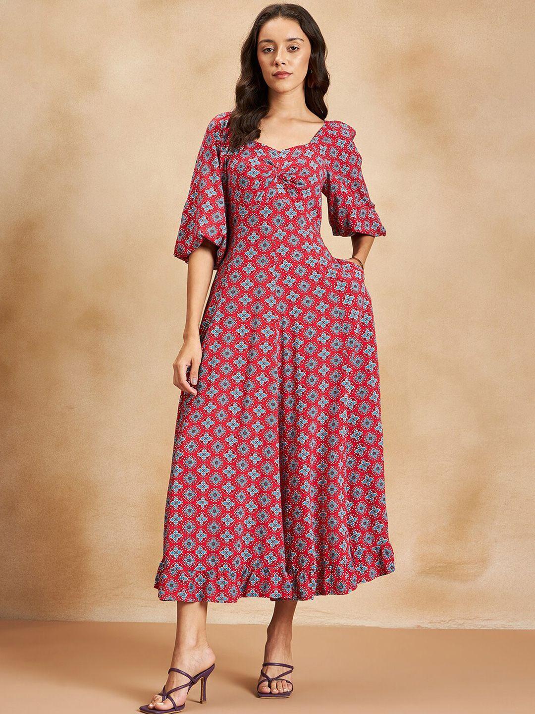 femella ethnic motifs printed puff sleeves maxi dress