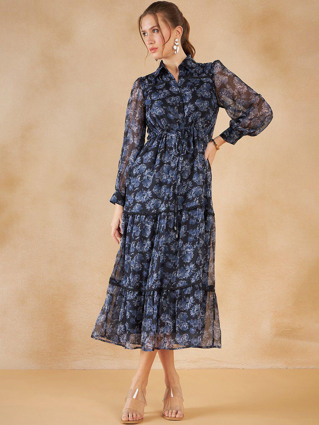 femella floral print puff sleeve shirt collar tiered fit and flare midi dress