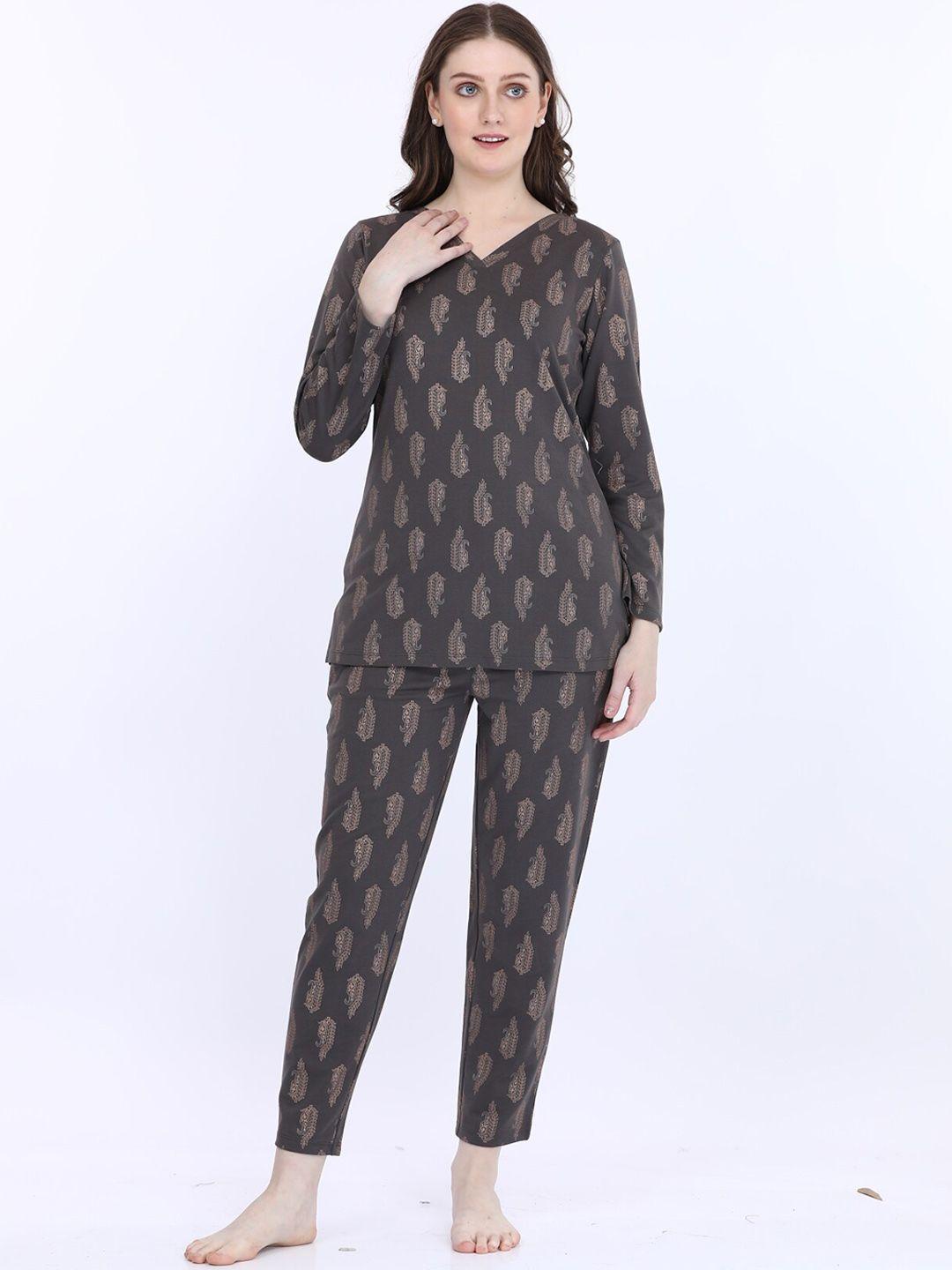 maysixty ethnic motifs printed v-neck long sleeves kurti with pyjamas