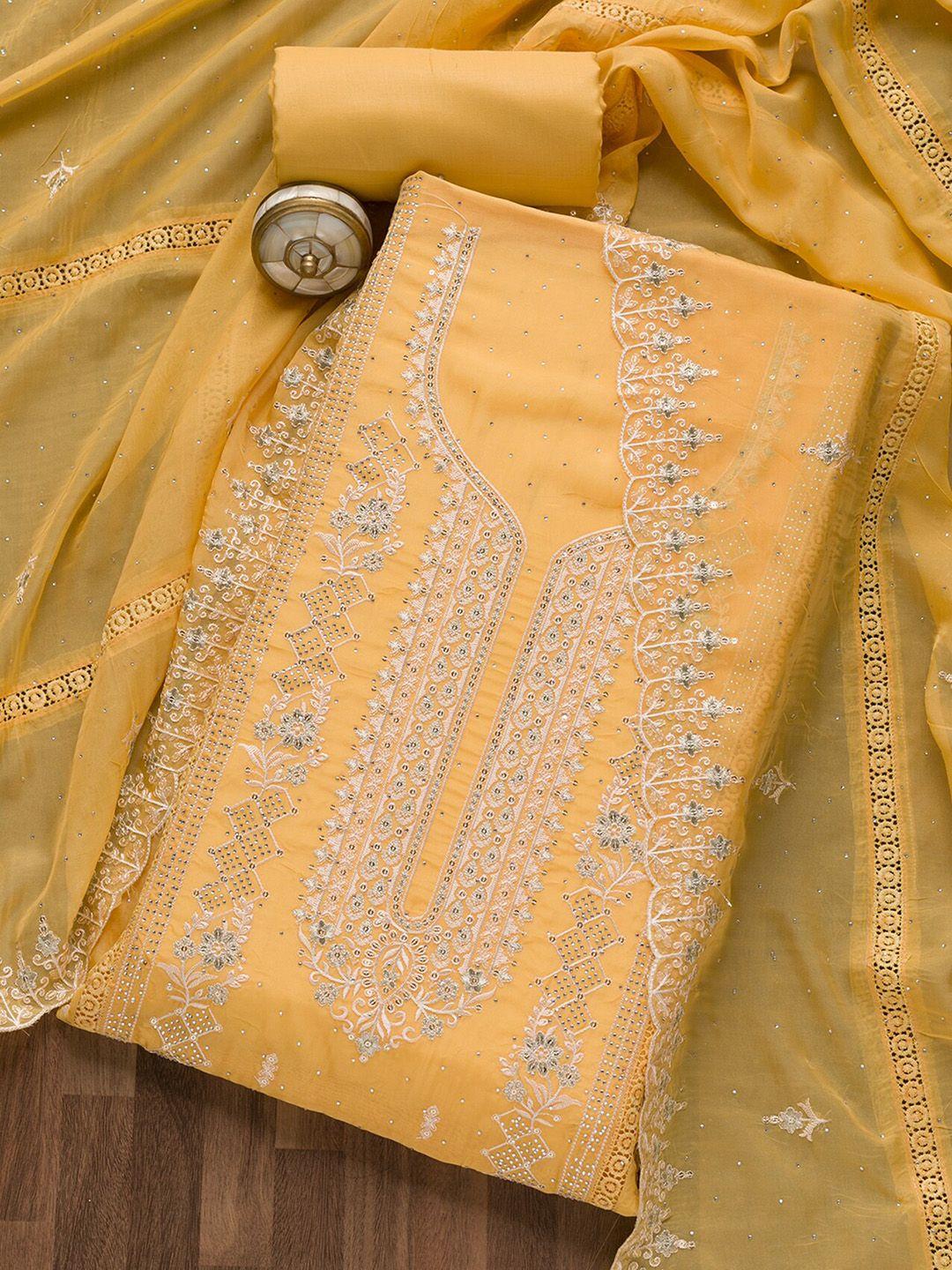 koskii yellow embroidered unstitched dress material