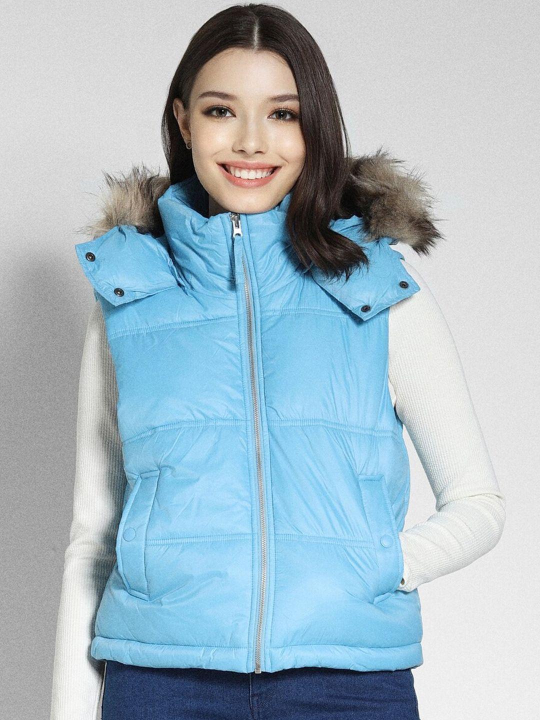 american eagle outfitters hooded sleeveless faux fur trim blue puffer jacket