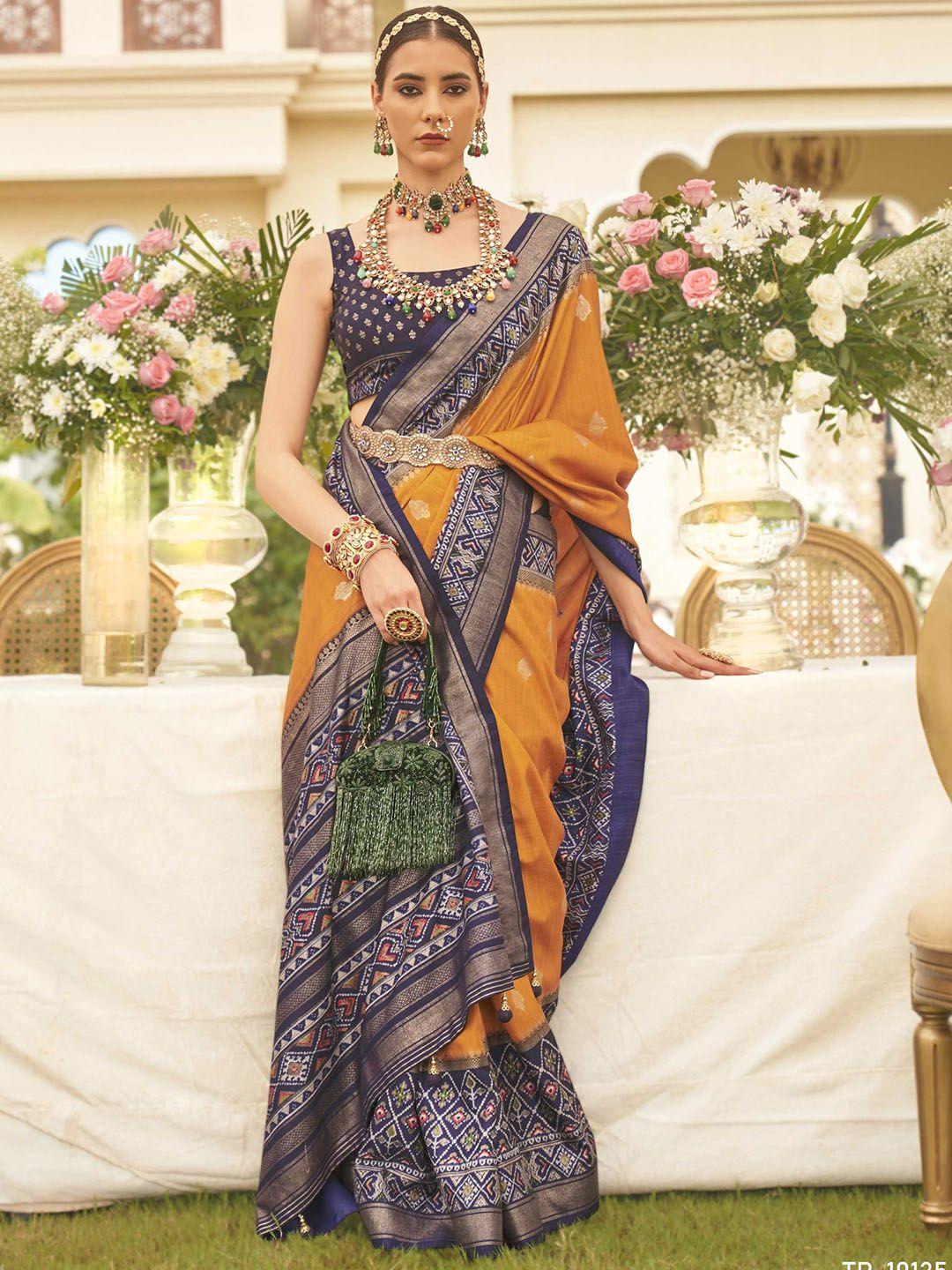 mitera orange embellished silk blend designer patola saree