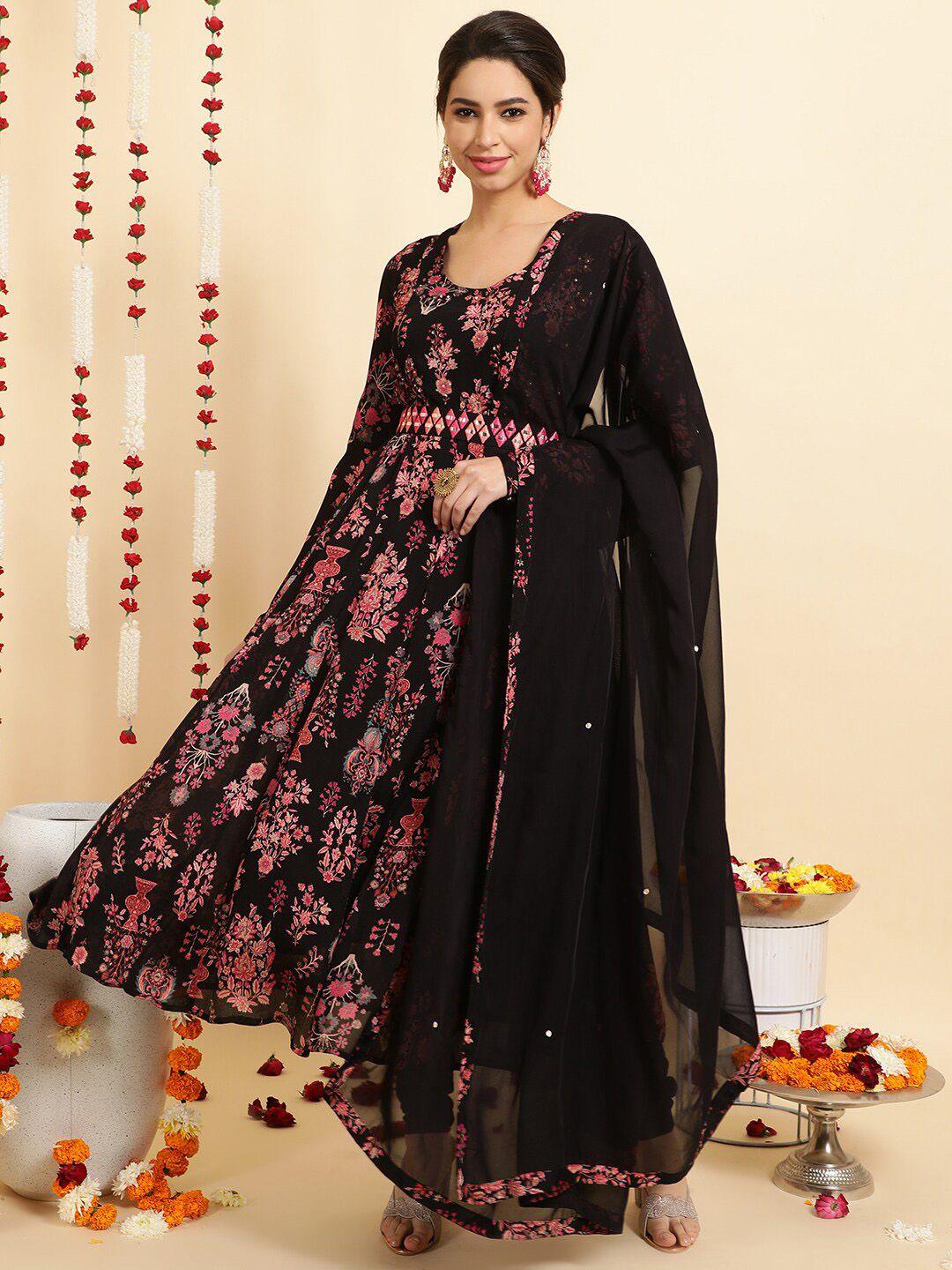 jaipur kurti women black ethnic motifs printed silk chiffon kurta with churidar & with dupatta