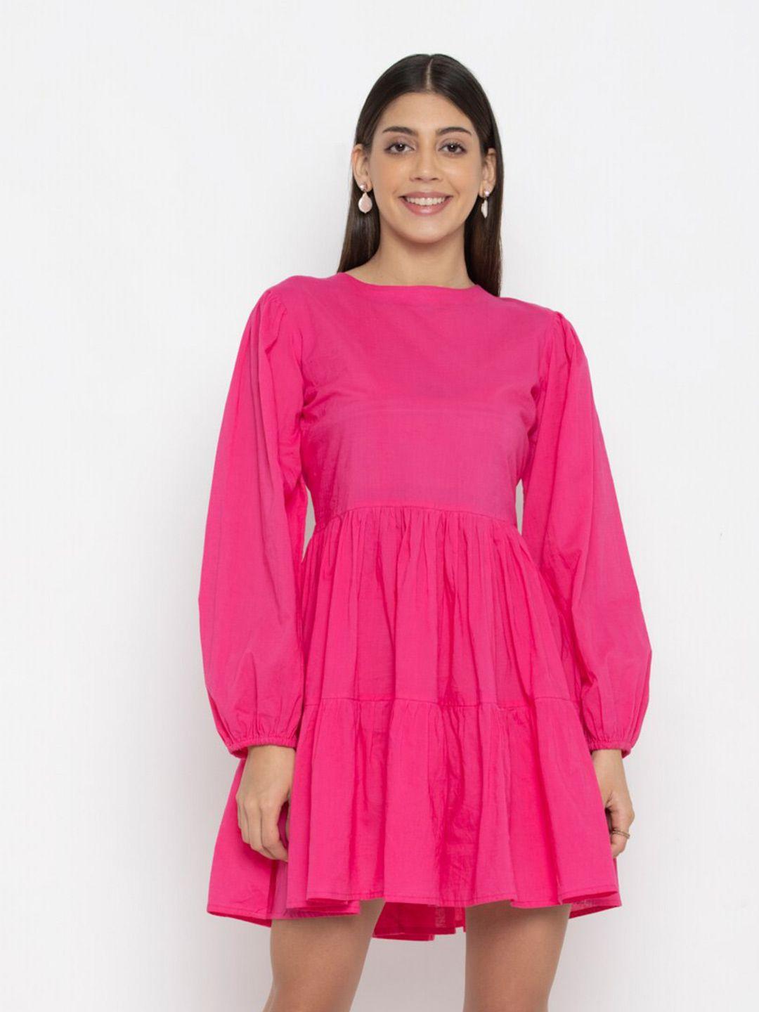 octics pink puff sleeve a-line dress