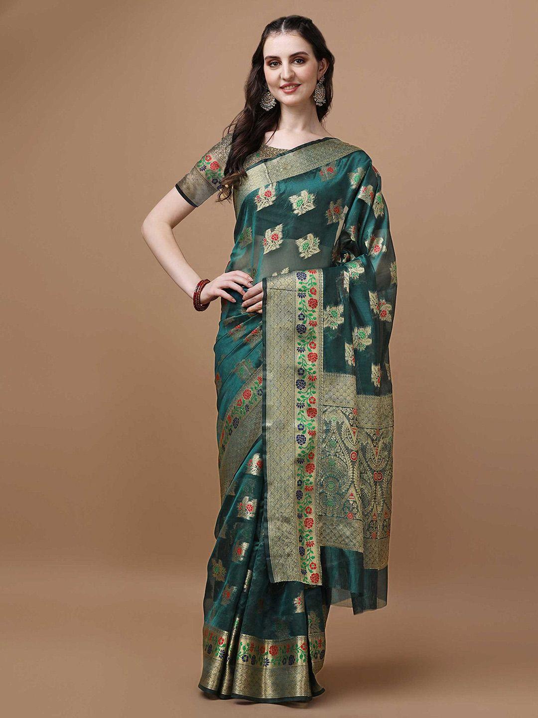 mitera teal ethnic motifs zari organza saree