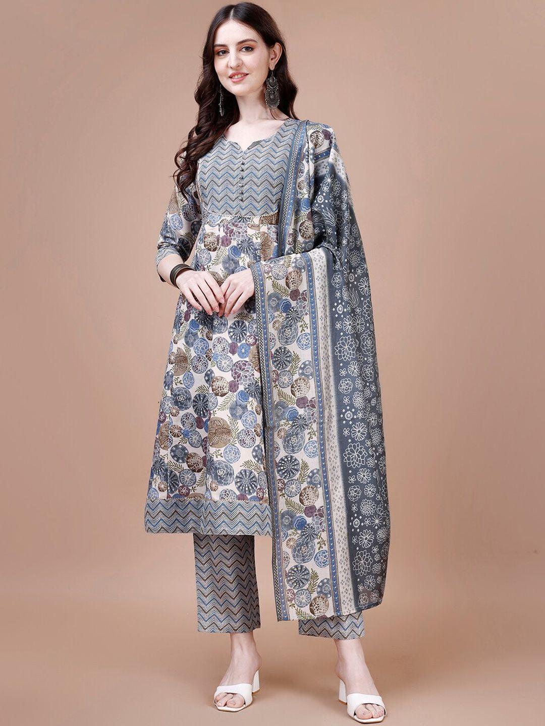 kalini floral printed thread work anarkali chanderi silk kurta with palazzos & dupatta