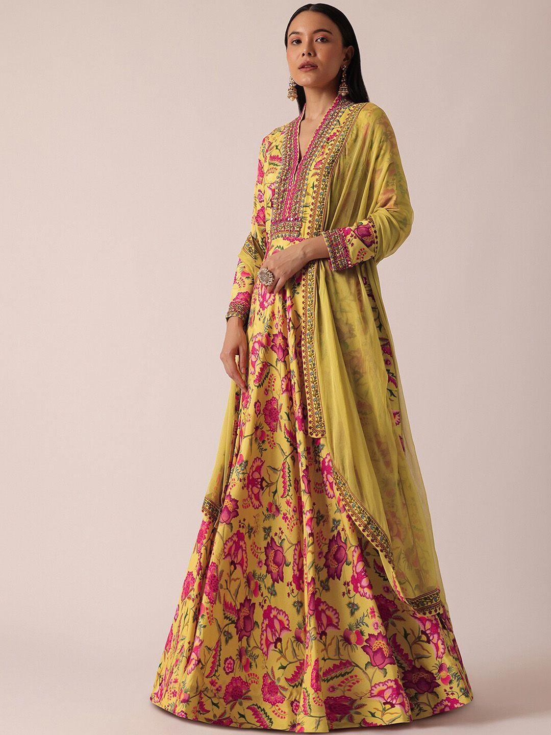 kalki fashion floral printed mirror work silk fit and flare maxi ethnic dress with dupatta