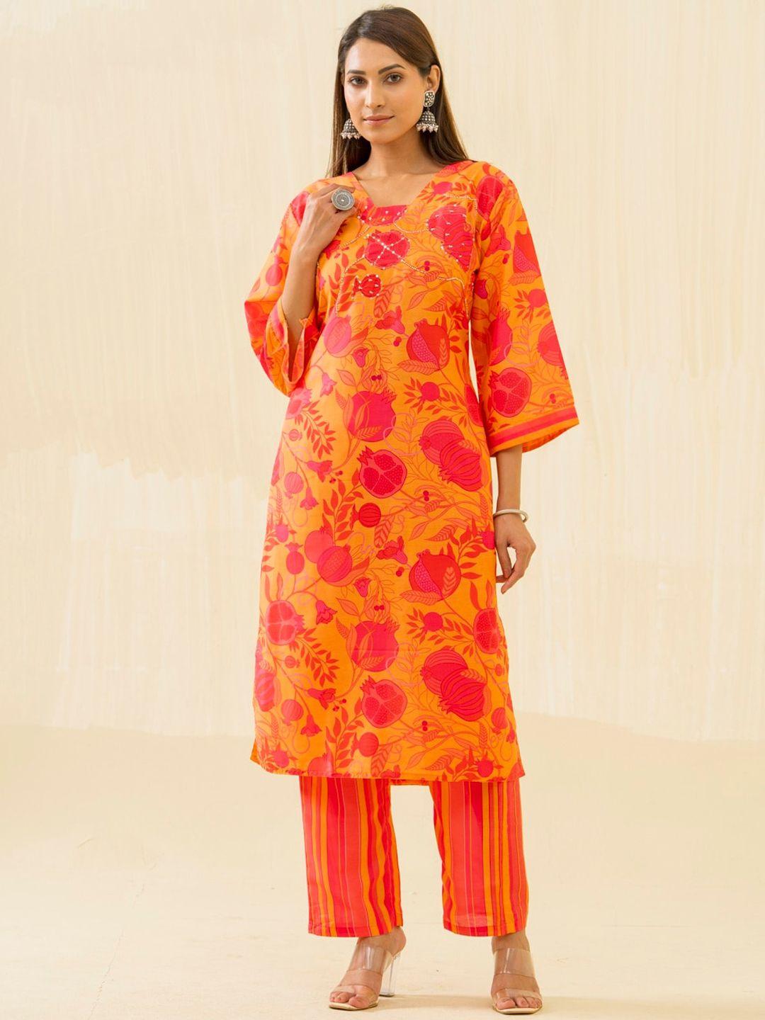 sangria yellow floral printed sequinned square neck flared sleeves kurta with trousers