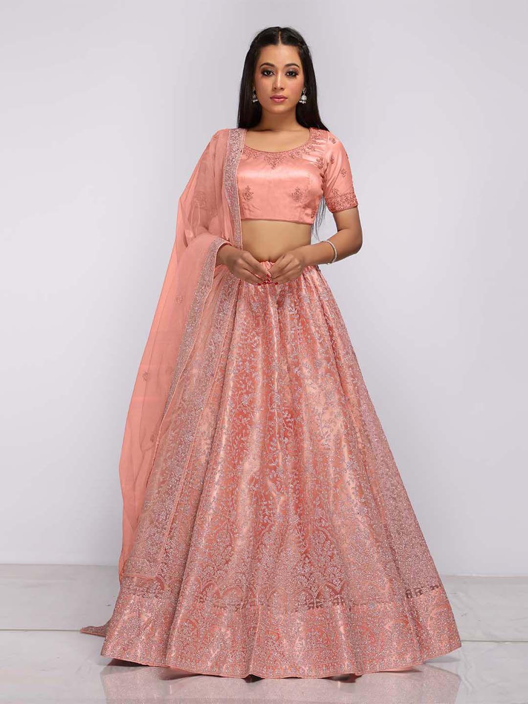 halfsaree studio peach-coloured & embroidered semi-stitched lehenga & unstitched blouse with dupatta