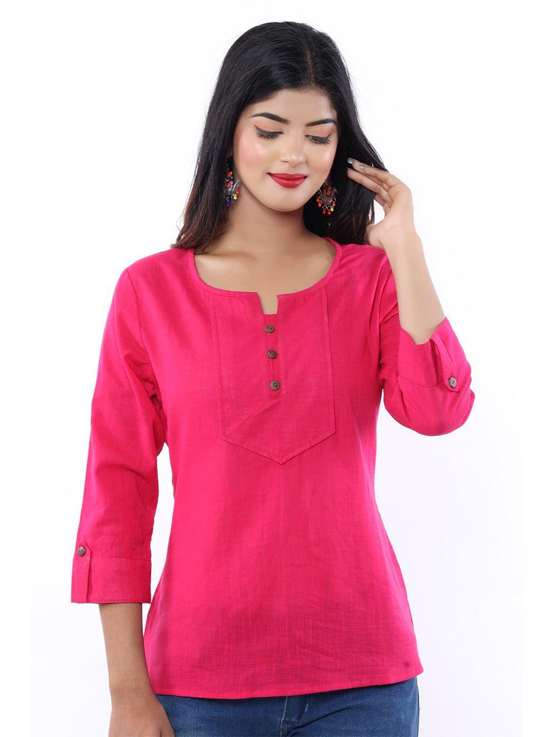 baesd round notched neck roll-up sleeves cotton ethnic top