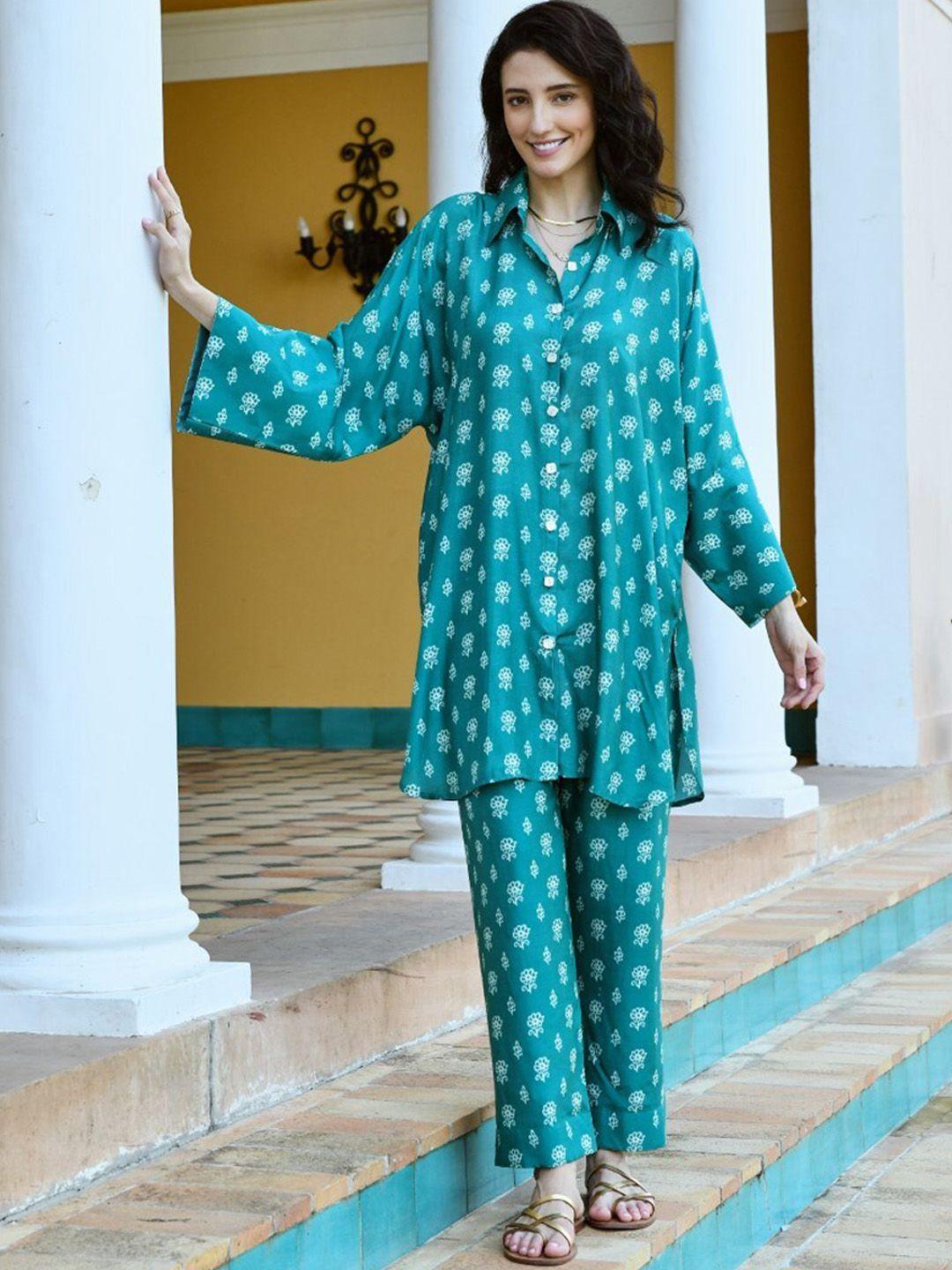 karaj jaipur women teal printed regular