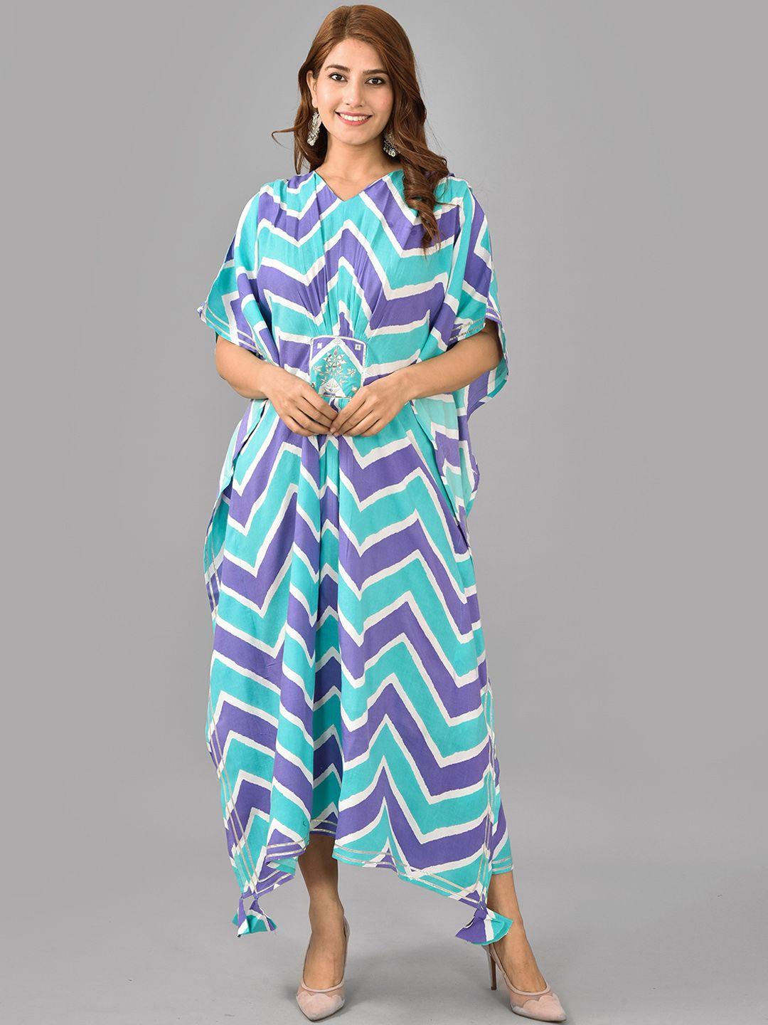 kalini geometric printed v-neck extended sleeves gathered  detail midi kaftan dresses